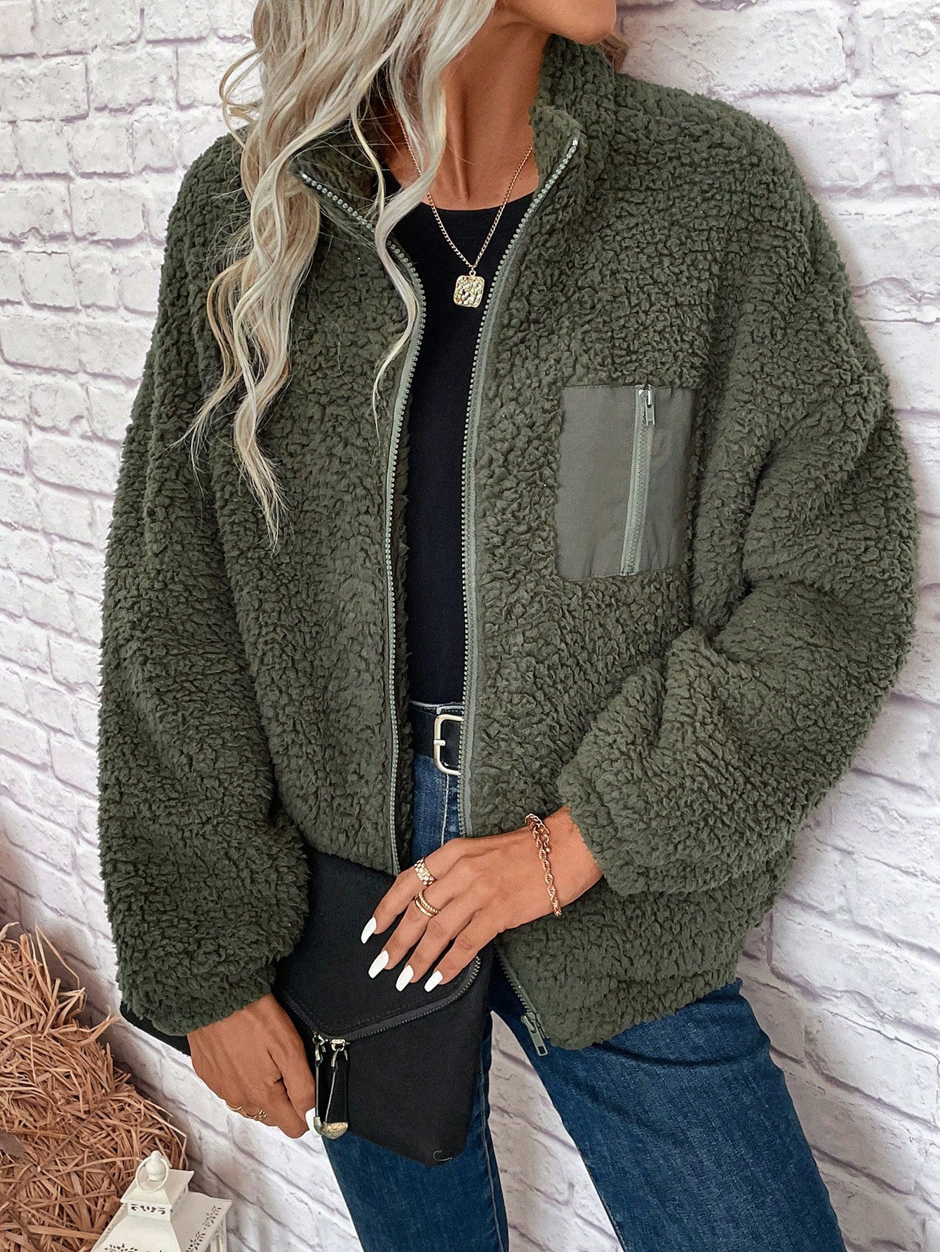 Zip Up Drop Shoulder Teddy Jacket