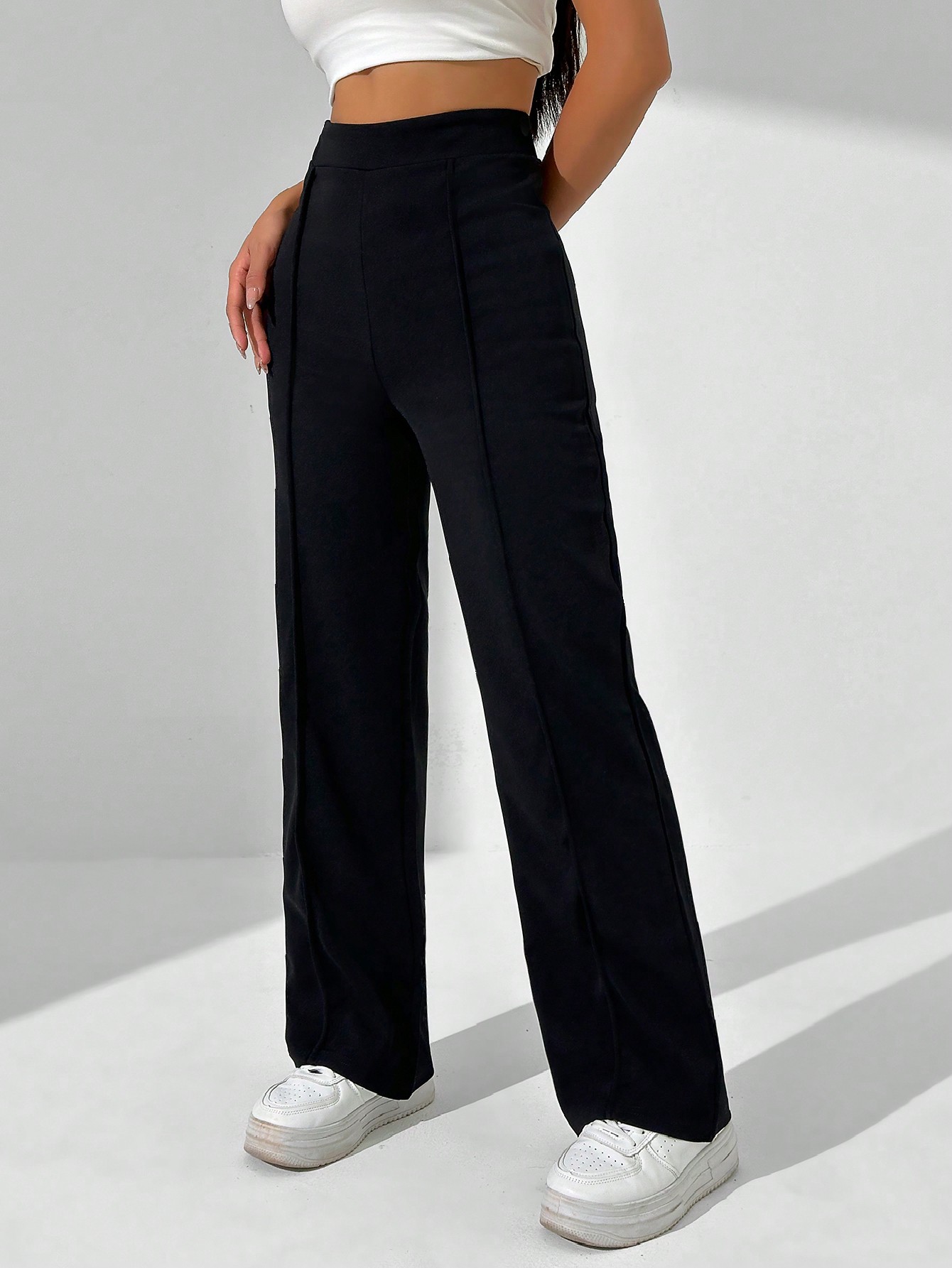 Solid Color High Waisted Straight Leg Casual Trousers