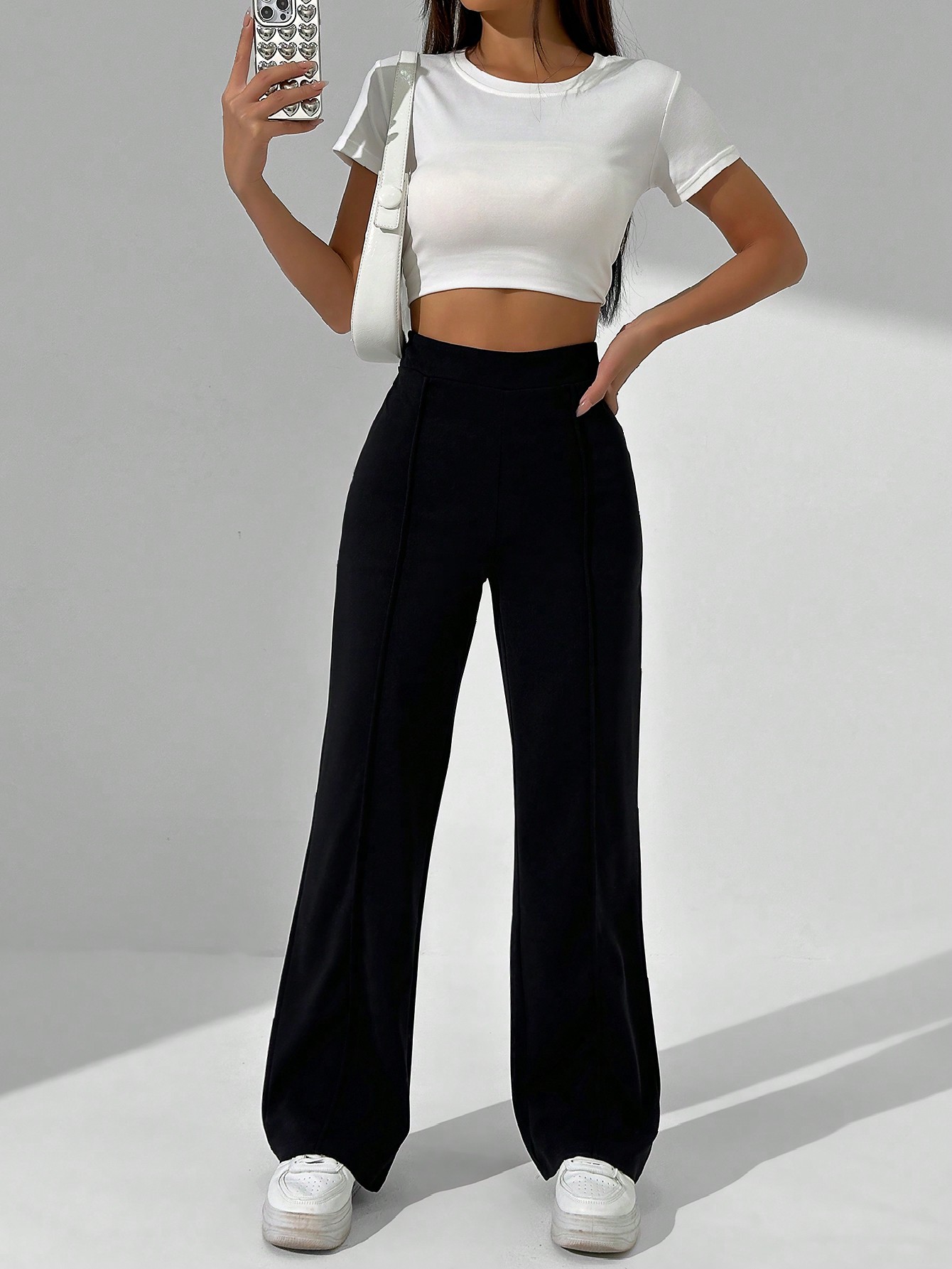 Solid Color High Waisted Straight Leg Casual Trousers