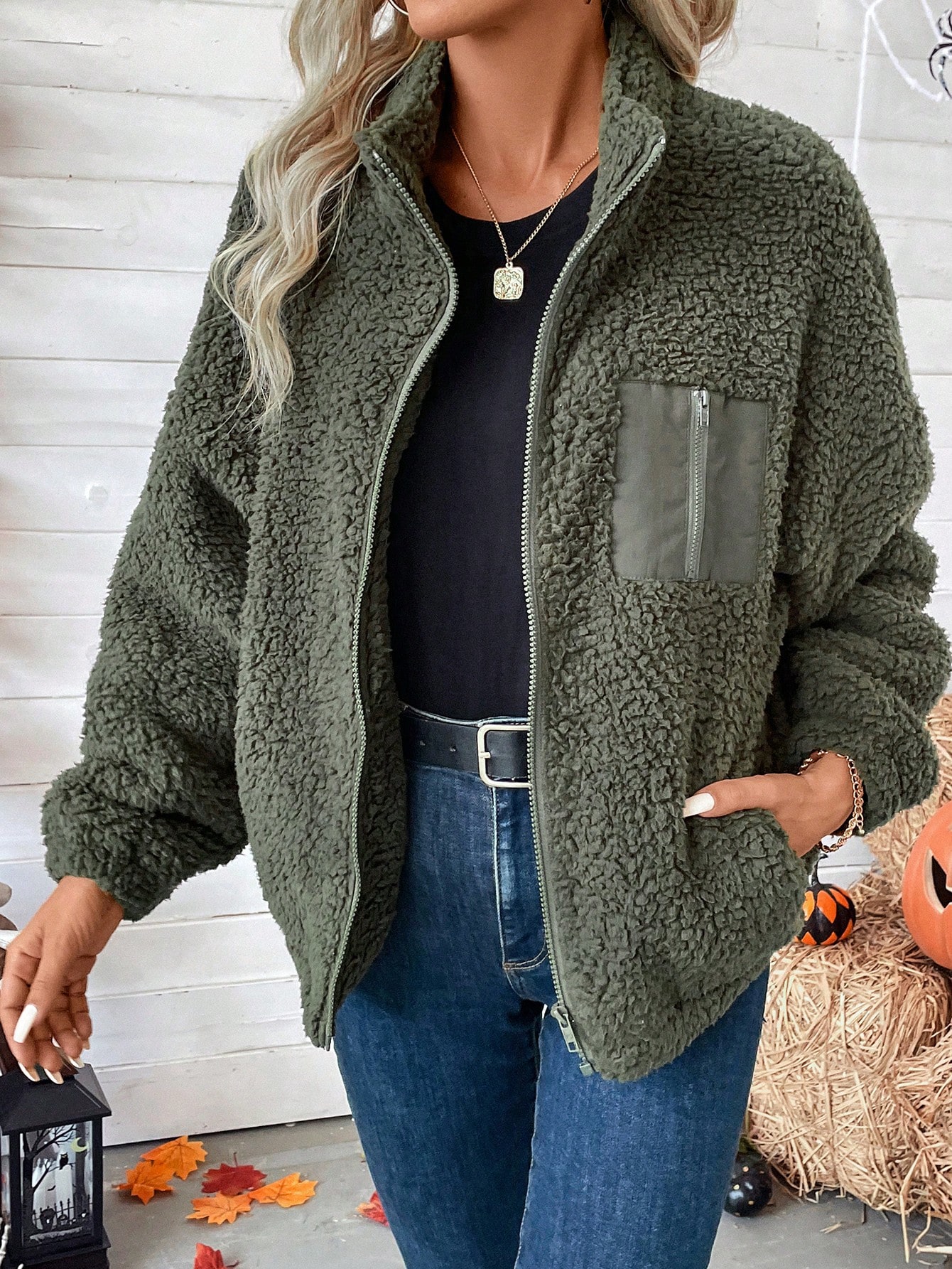 Zip Up Drop Shoulder Teddy Jacket