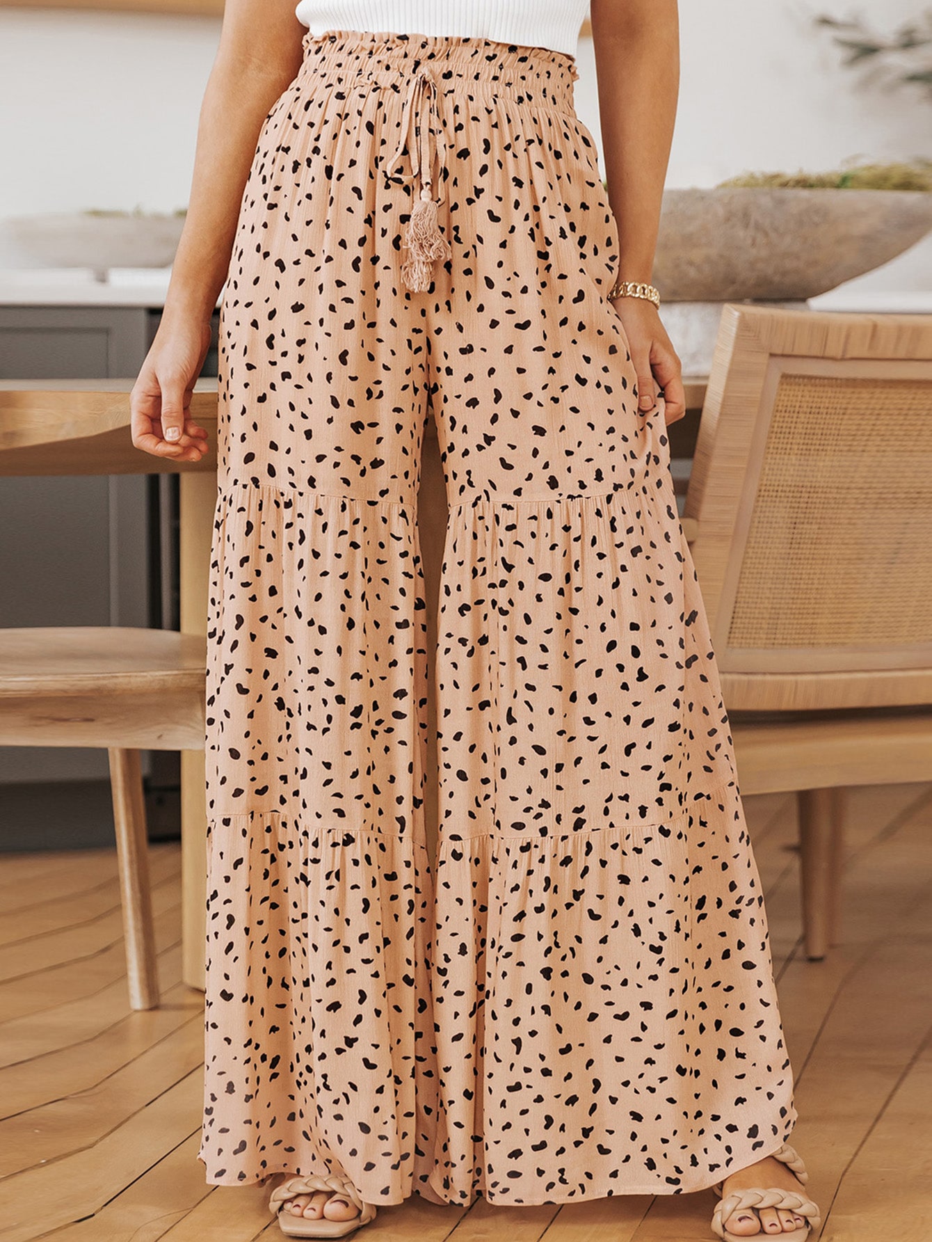 Dalmatian Print Tassel Tie Waist Ruffle Hem Wide Leg Pants