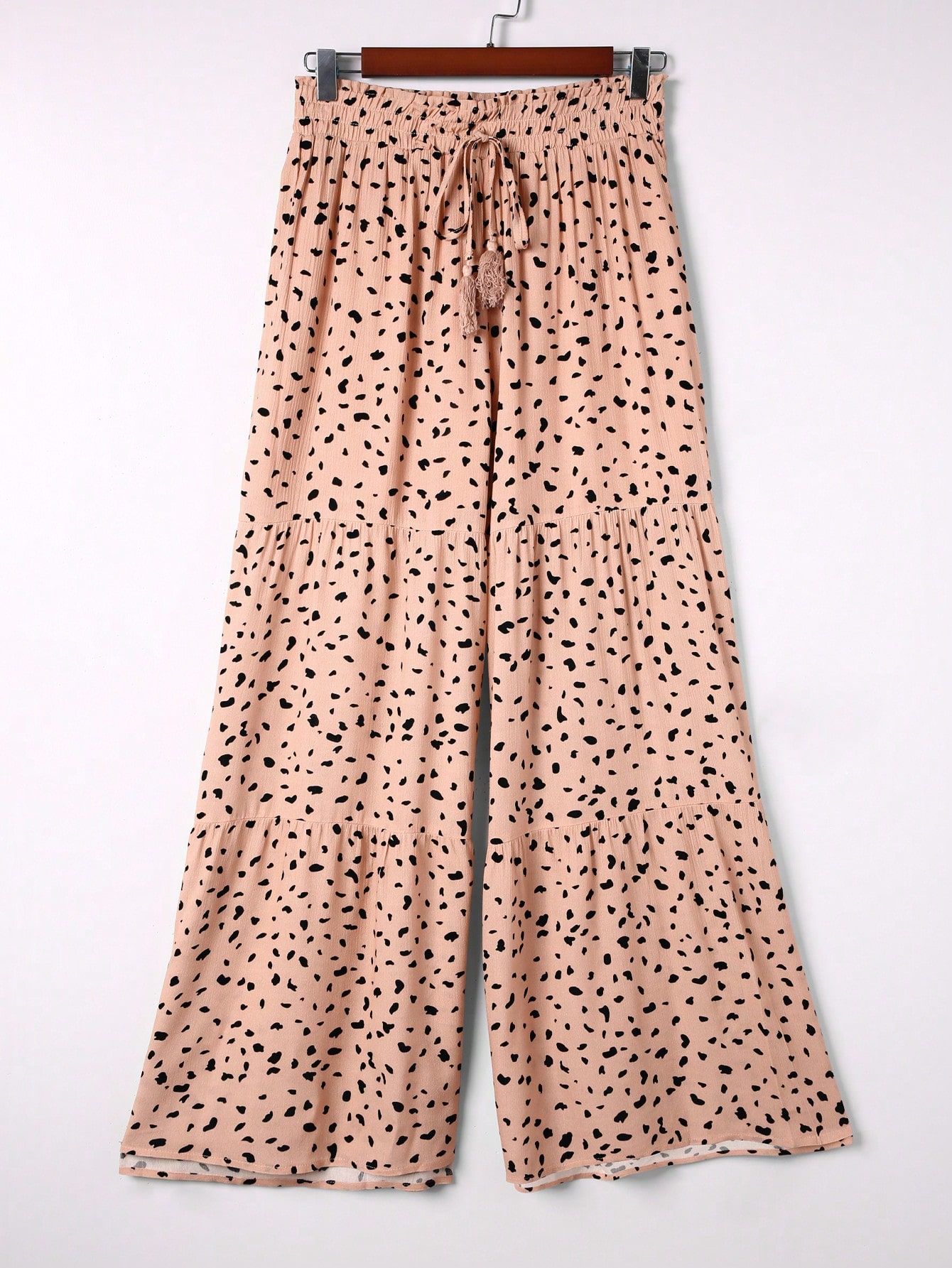 Dalmatian Print Tassel Tie Waist Ruffle Hem Wide Leg Pants