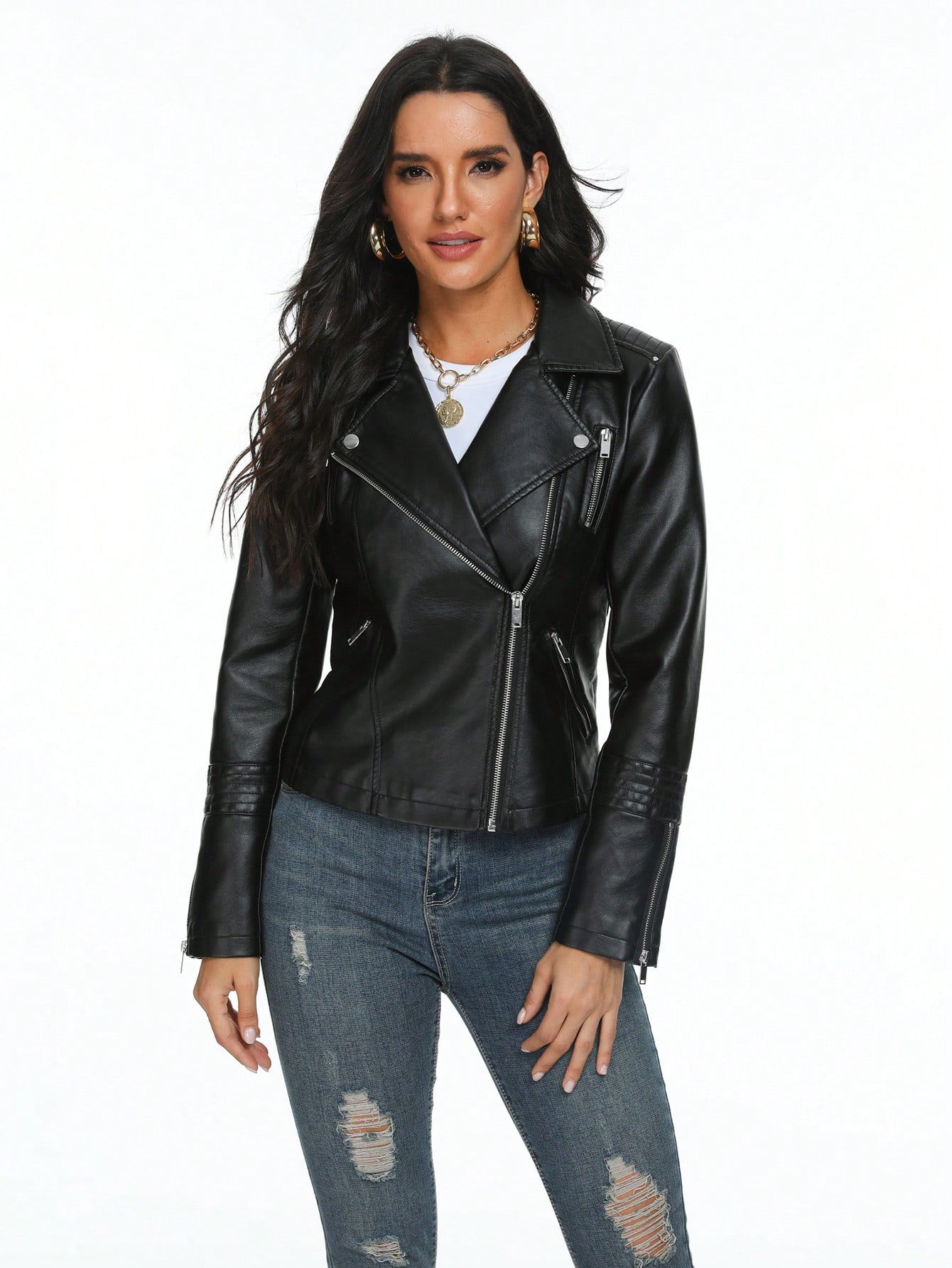 Turn-Down Collar Zipper Motorcycle Style Pu Jacket