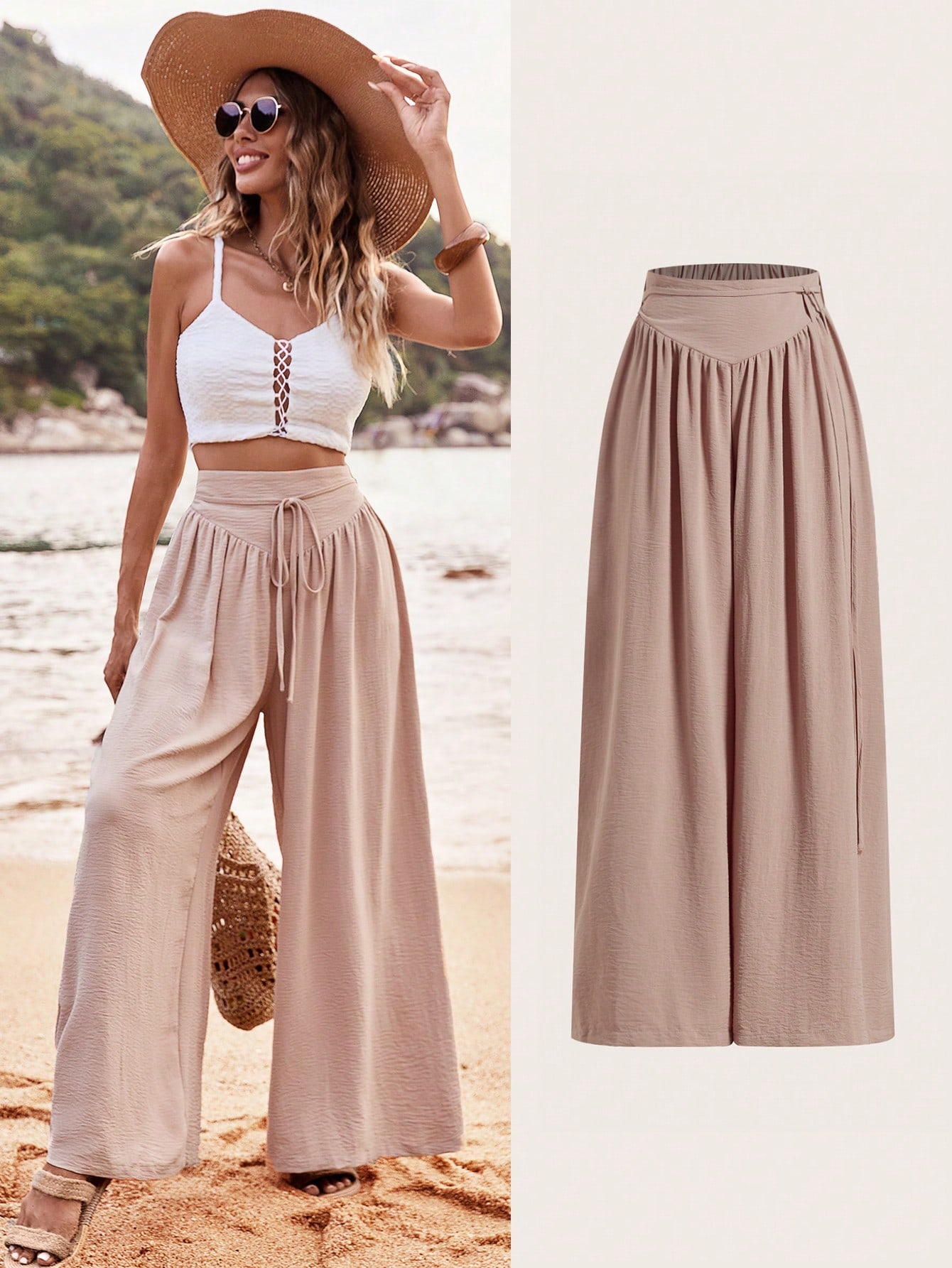 Beach Women Outfits Summer Wide Waistband Wide Leg Thin Belt Pants For Vacation