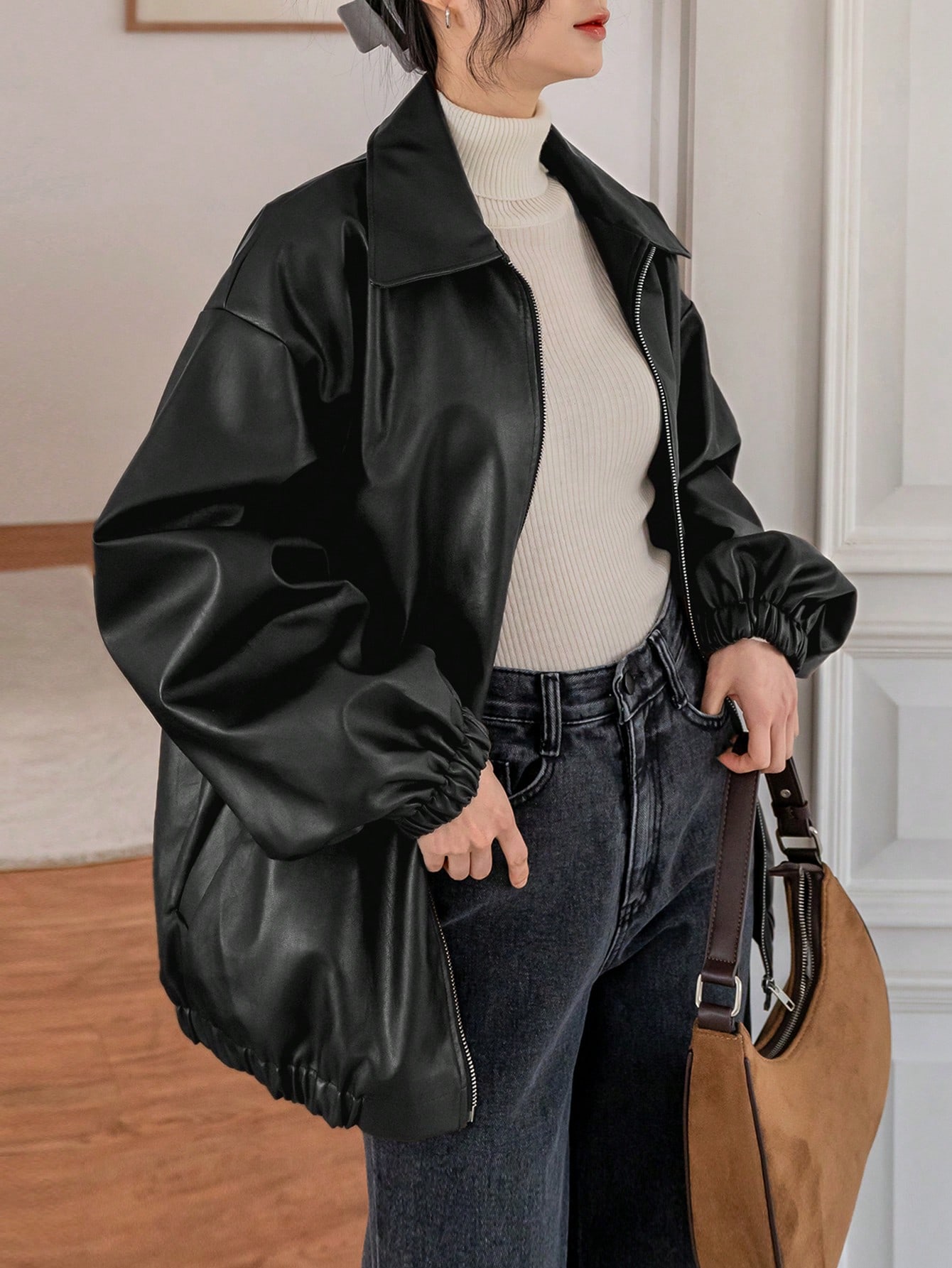 -Less Drop Shoulder Slant Pockets PU Jacket