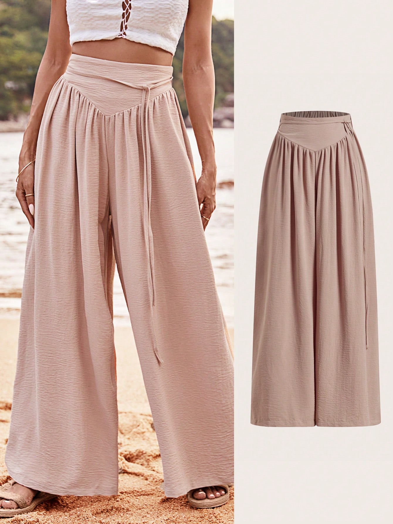 Beach Women Outfits Summer Wide Waistband Wide Leg Thin Belt Pants For Vacation