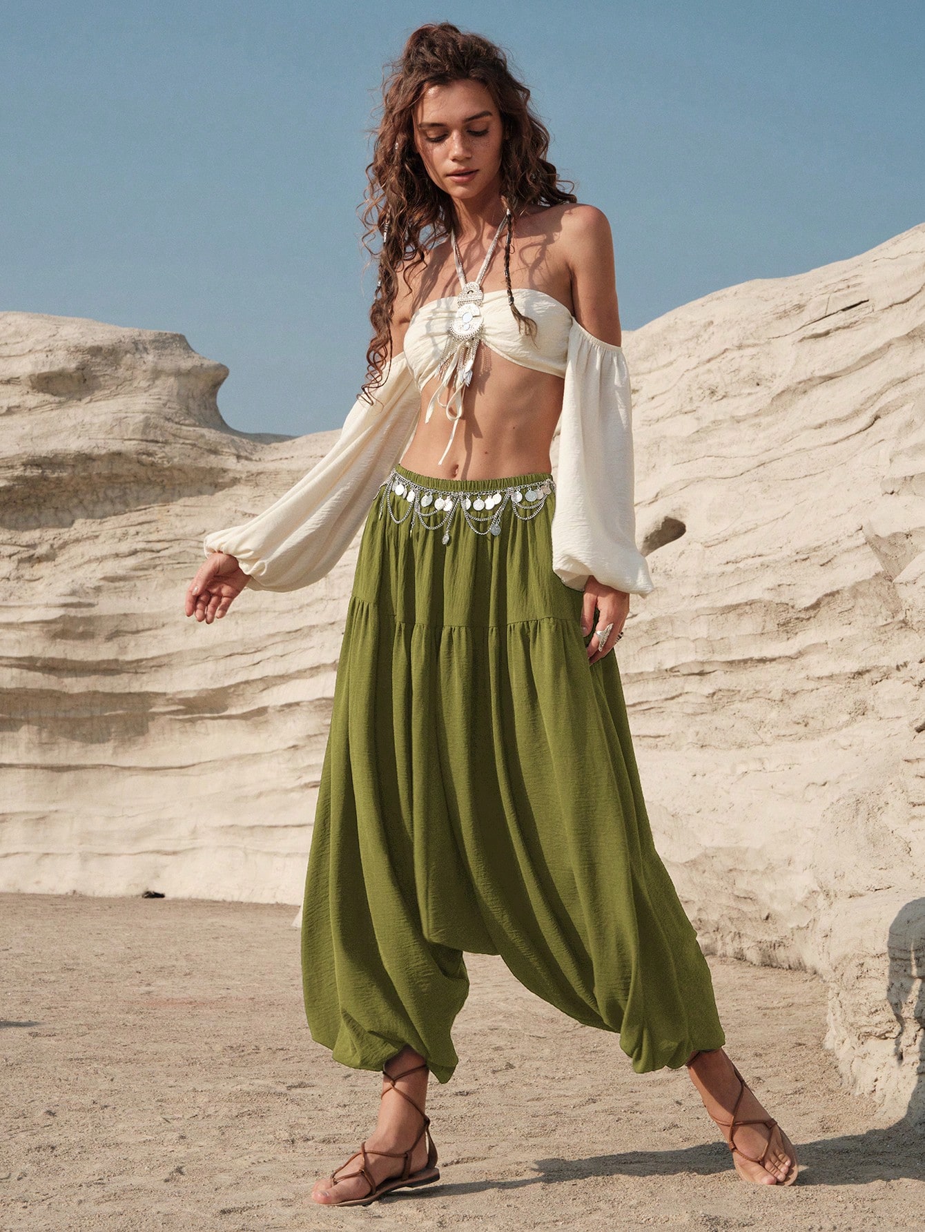 Vacation Style High-Waisted Drop Crotch Harem Pants For Women