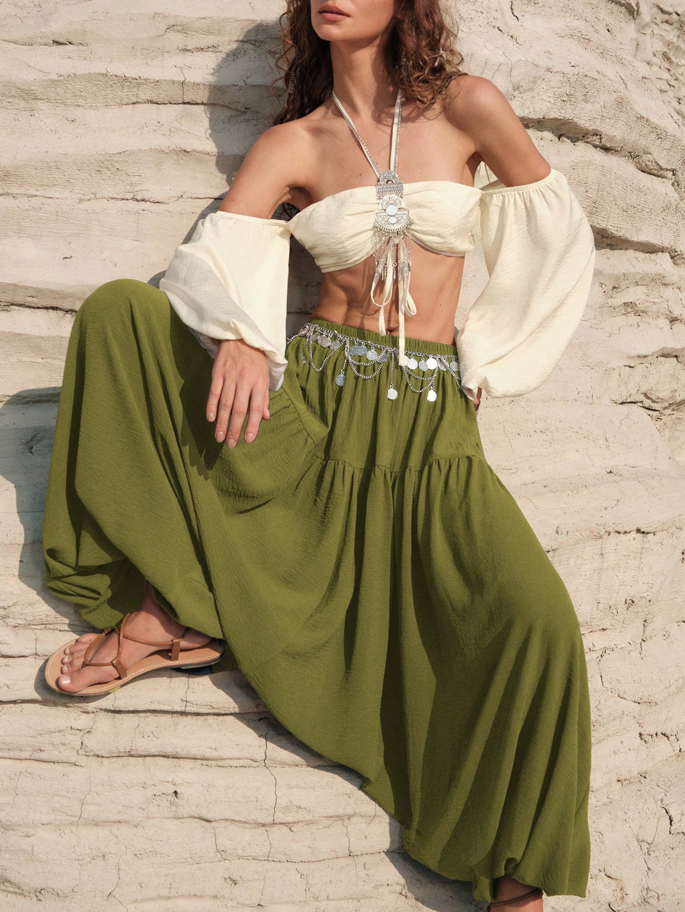 Vacation Style High-Waisted Drop Crotch Harem Pants For Women