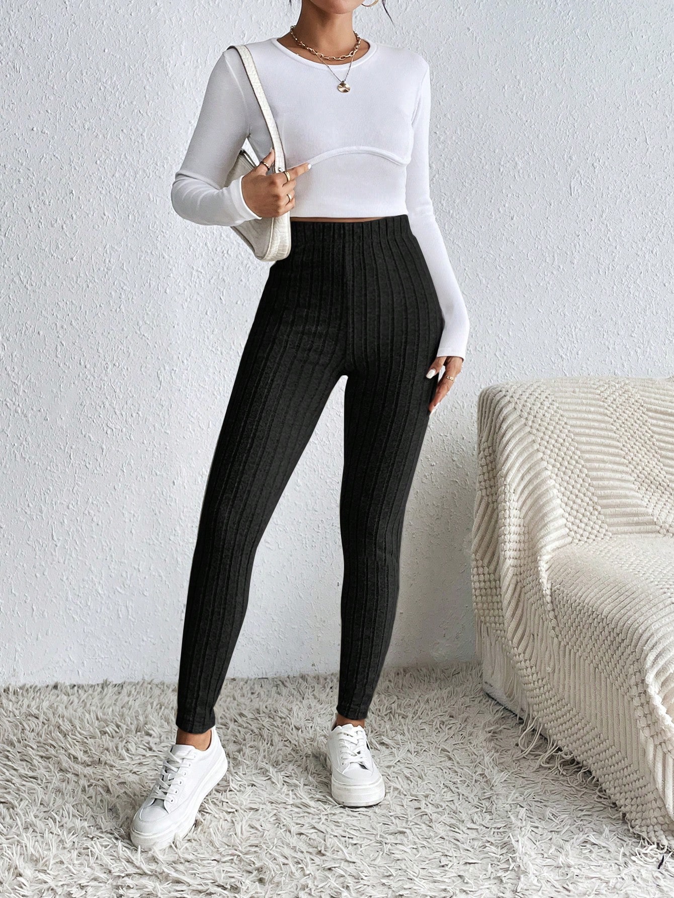 Solid Ribbed Knit Bodycon Leggings