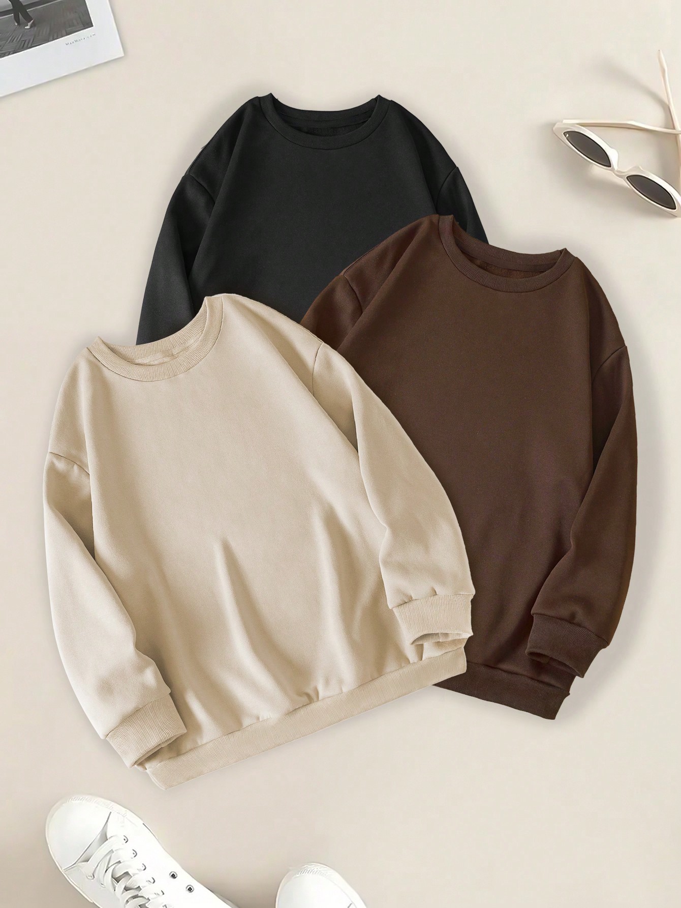 3pcs Solid Color Round Neck Casual Sweatshirt