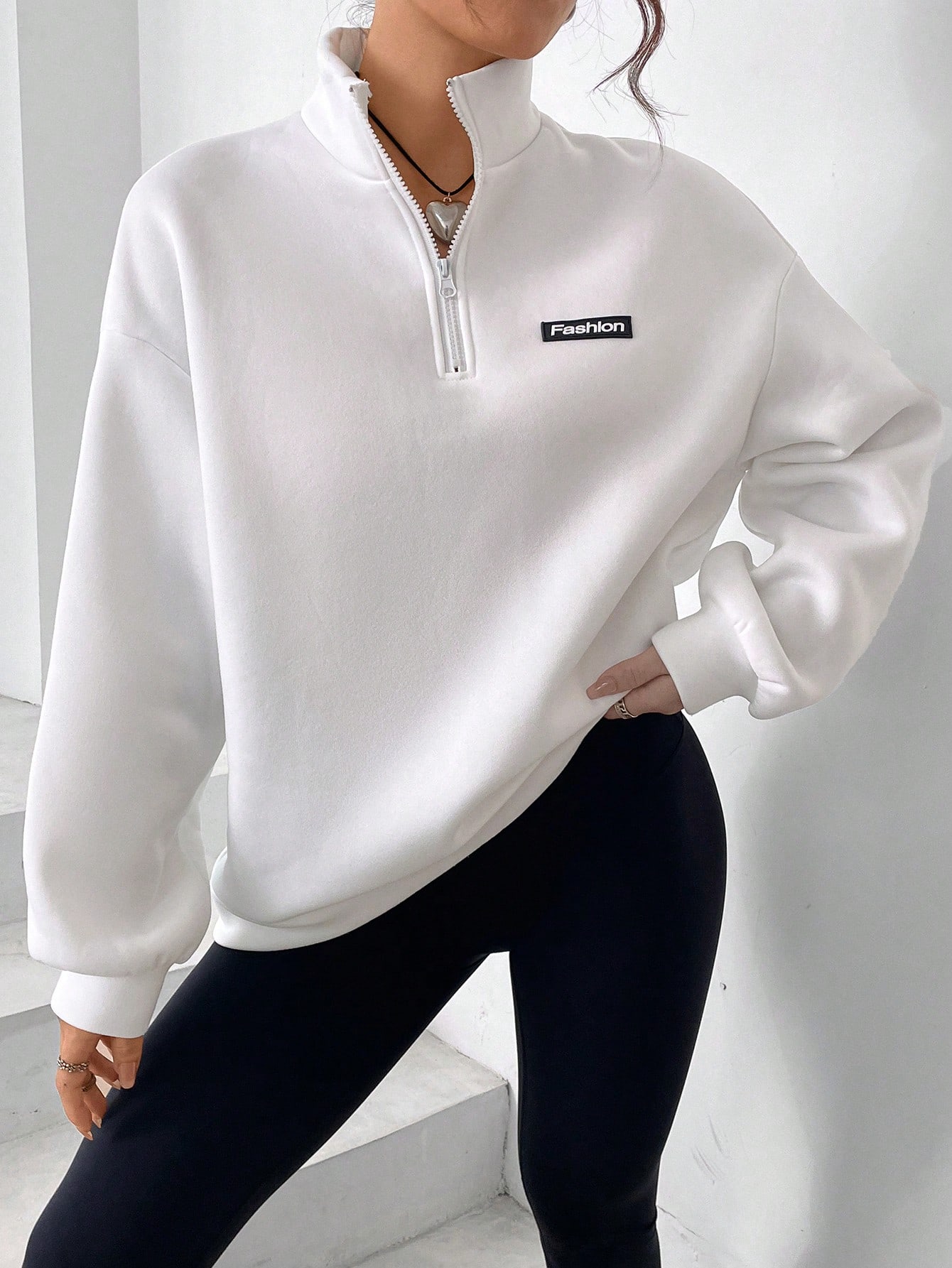 Letter Patched Half Zip Drop Shoulder White Sweatshirt