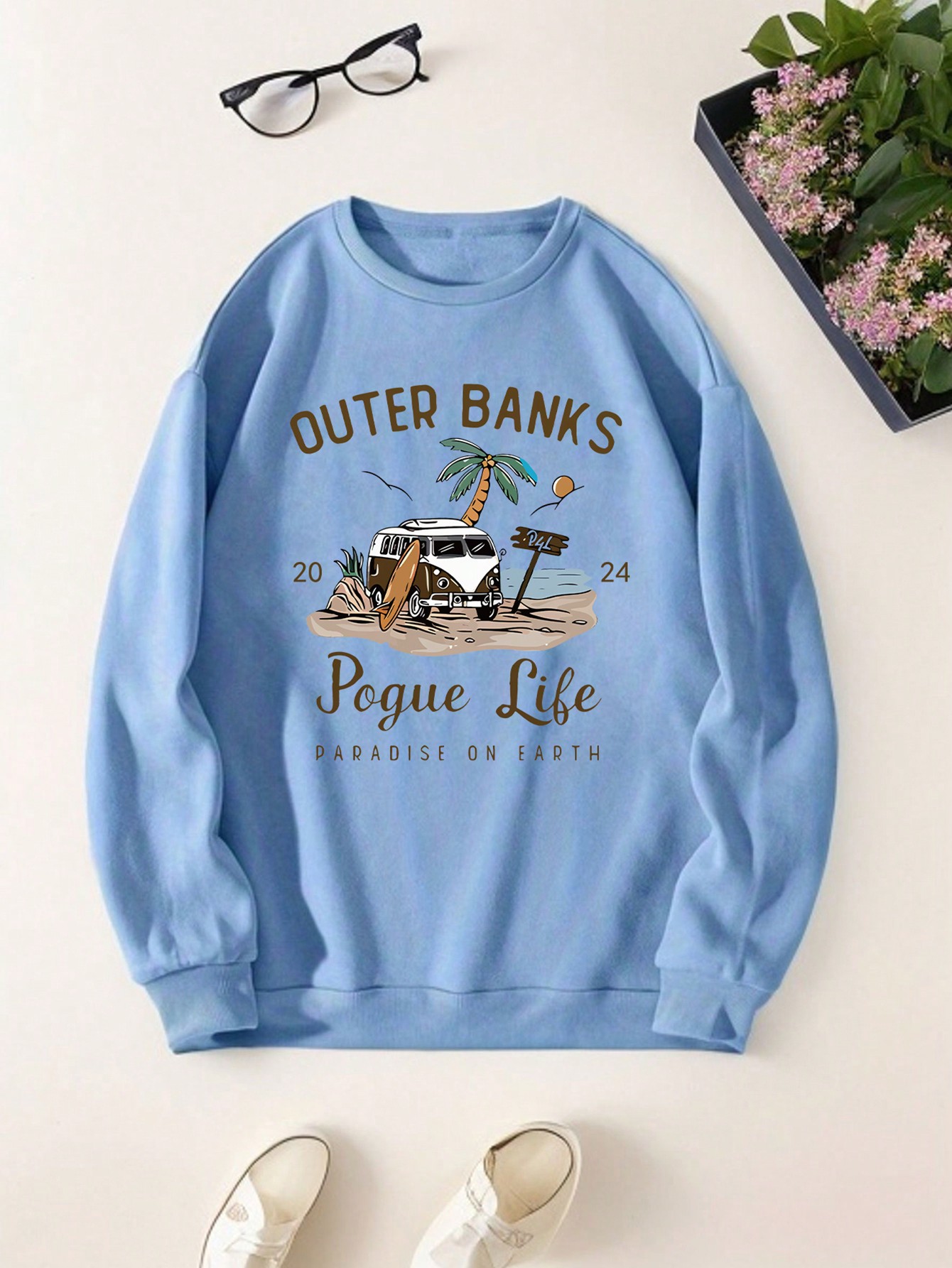 Letter Print Beach & Car Pattern Casual Versatile Round Neck Sweatshirt