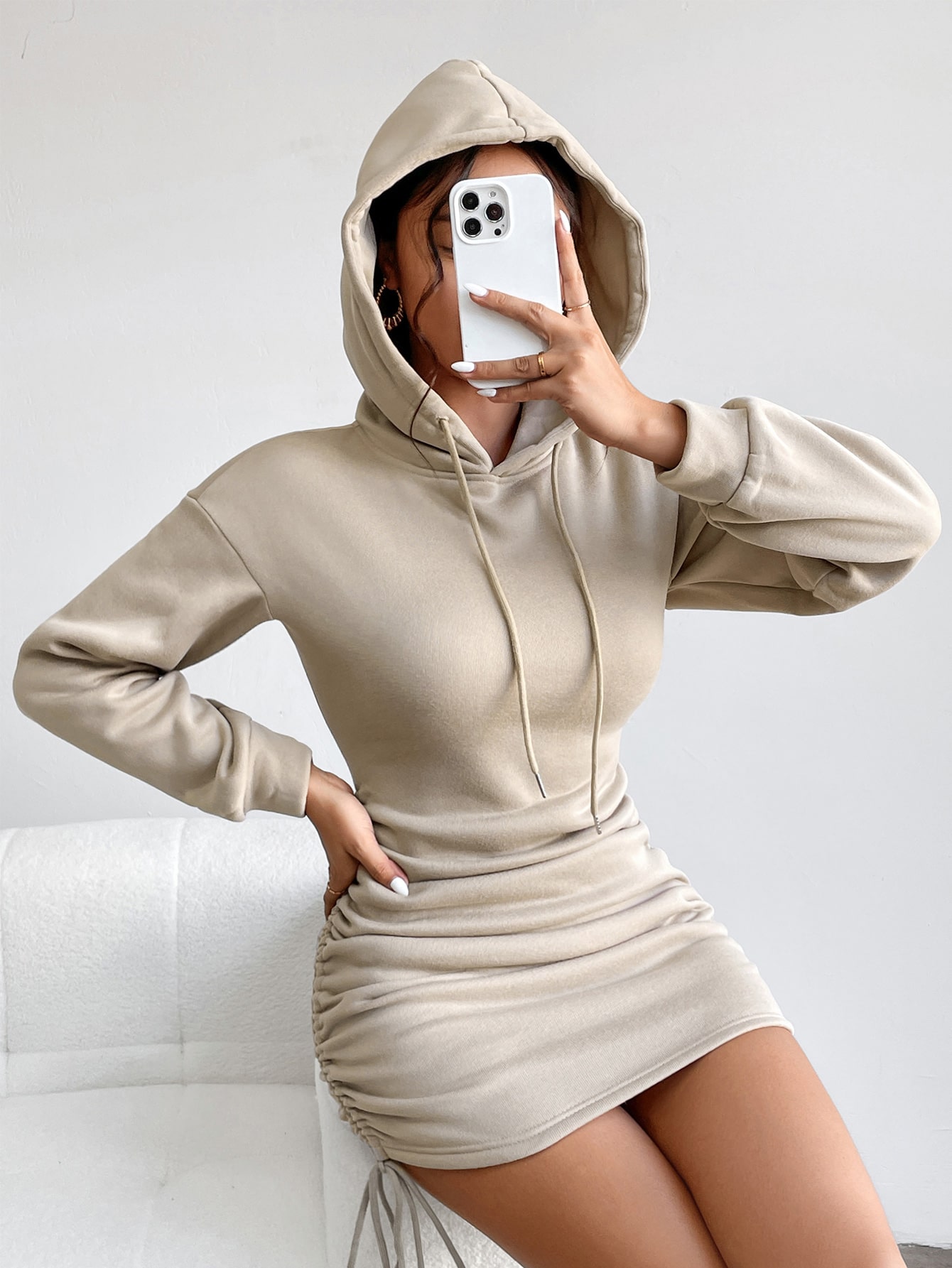 PETITE Drawstring Side Ruched Hoodie Dress