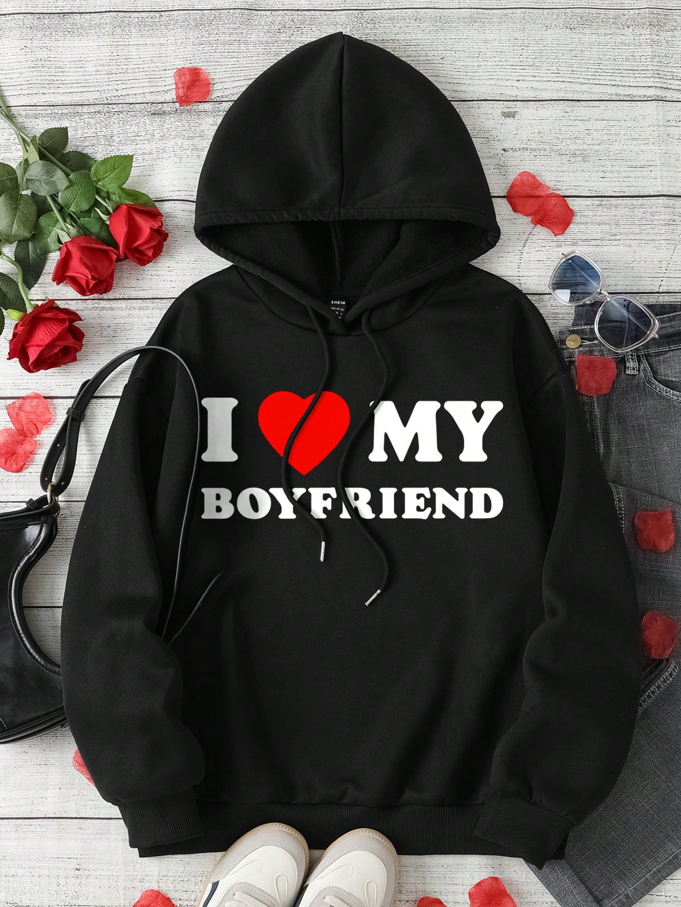 I Love My Boyfriend Valentine's Day Slogan Heart Printed Hooded Sweatshirt With Drawstring For Fall And Winter