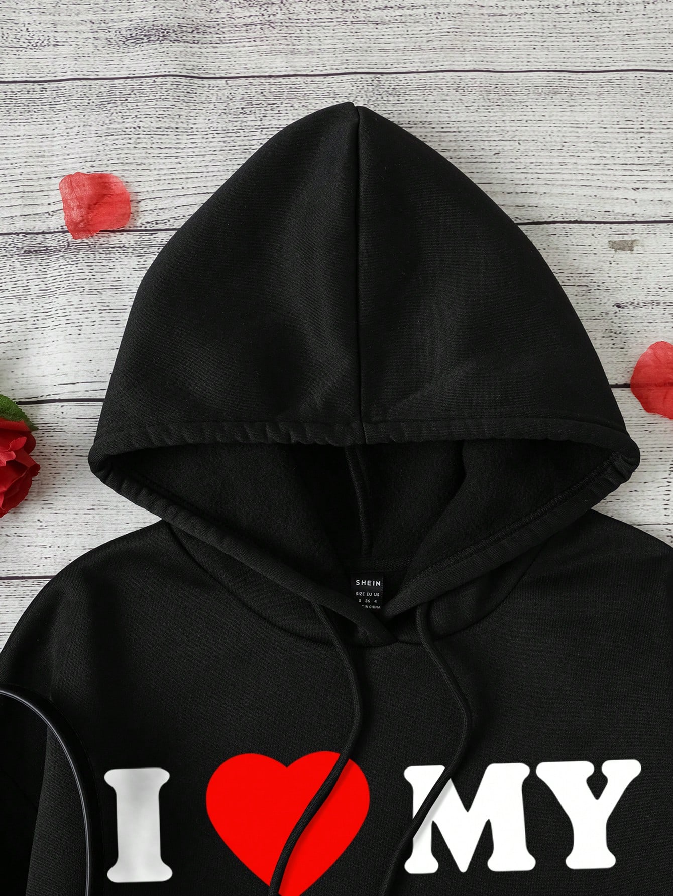 I Love My Boyfriend Valentine's Day Slogan Heart Printed Hooded Sweatshirt With Drawstring For Fall And Winter