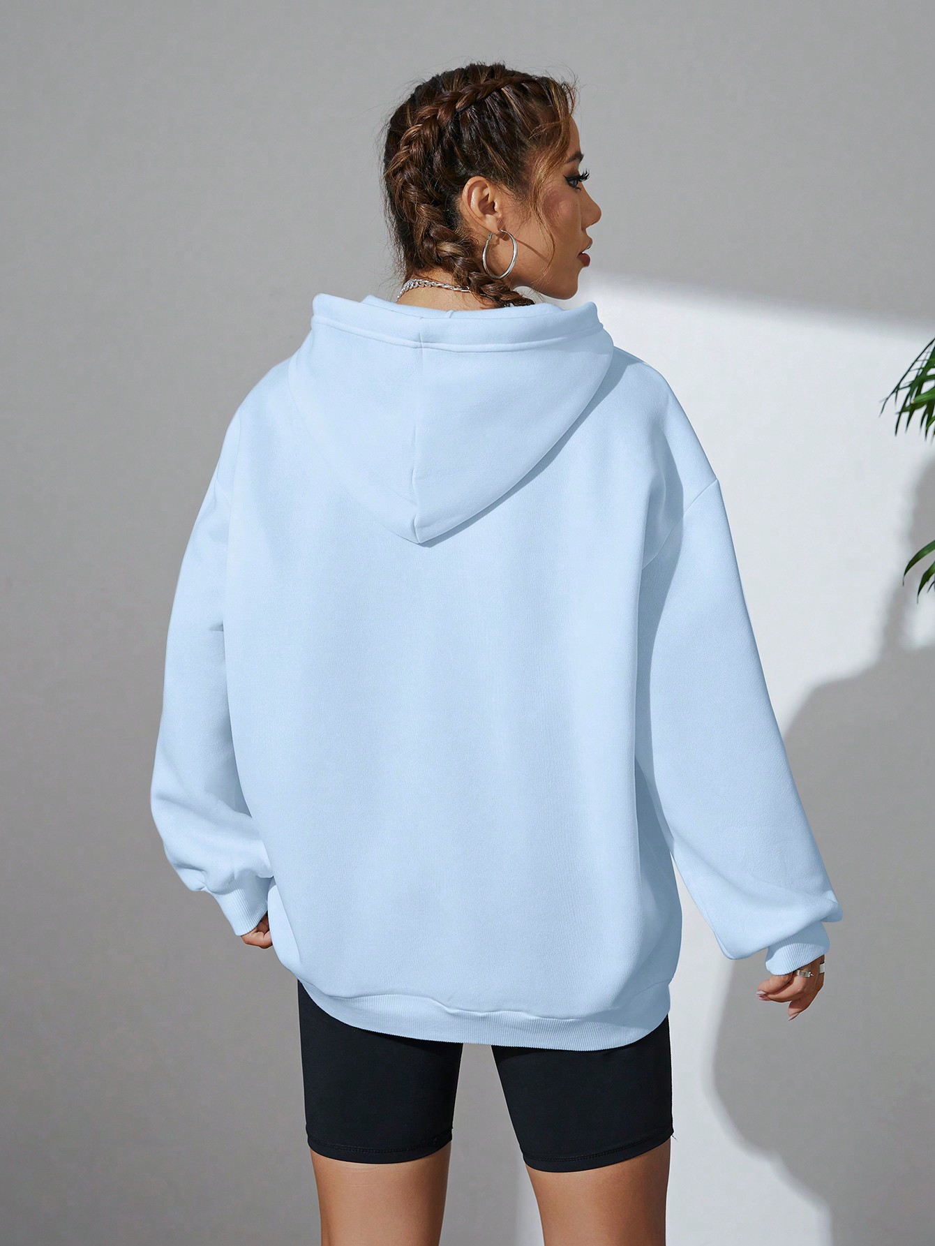 Solid Drawstring Drop Shoulder Hoodie