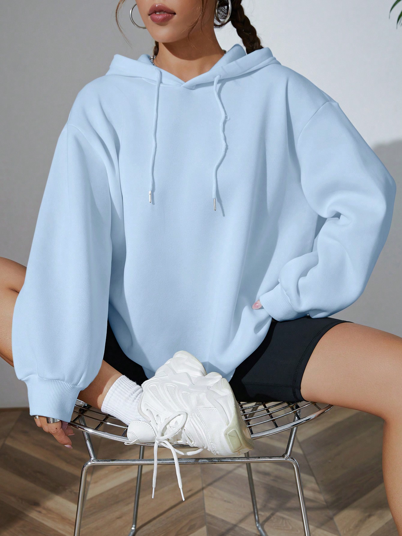 Solid Drawstring Drop Shoulder Hoodie