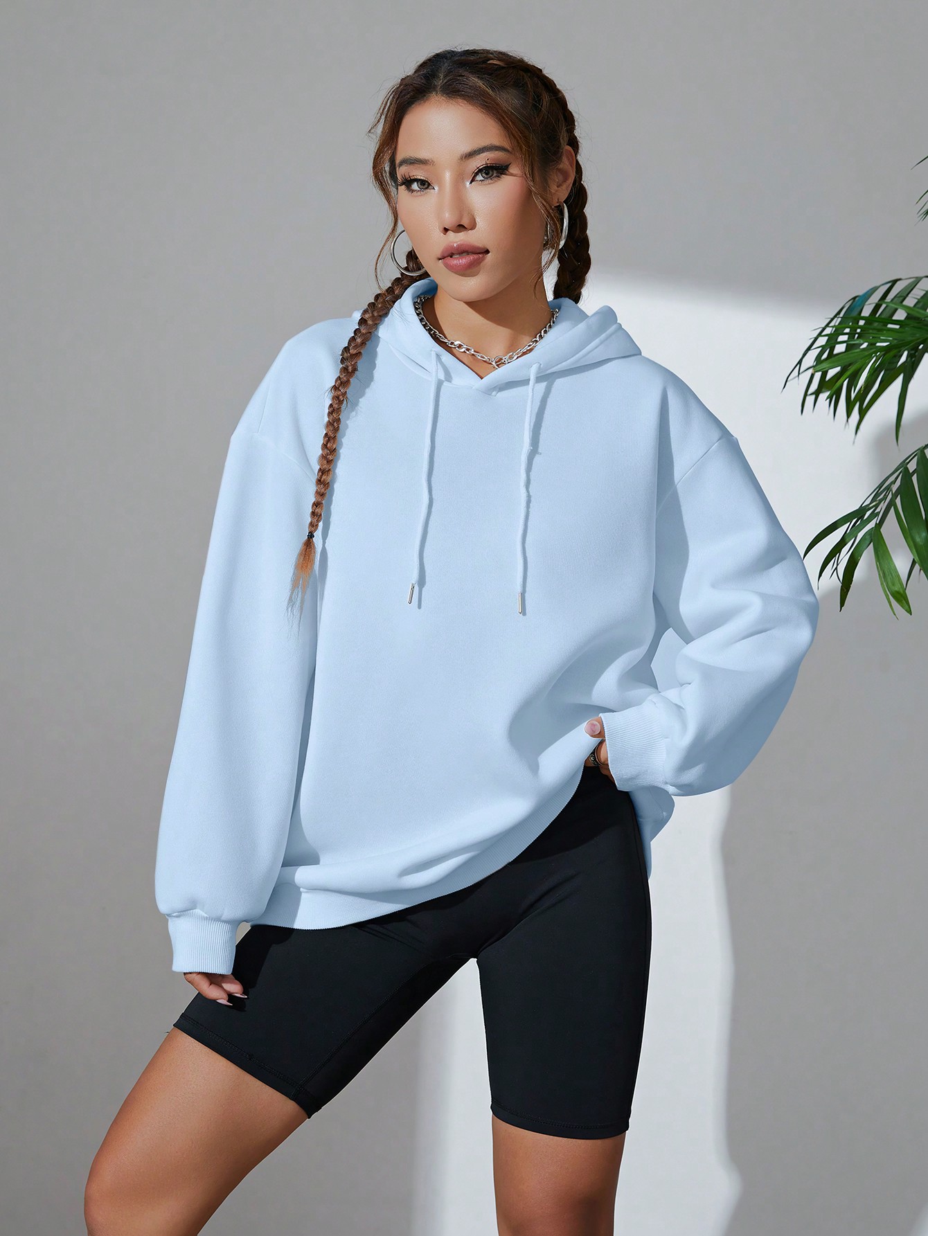 Solid Drawstring Drop Shoulder Hoodie