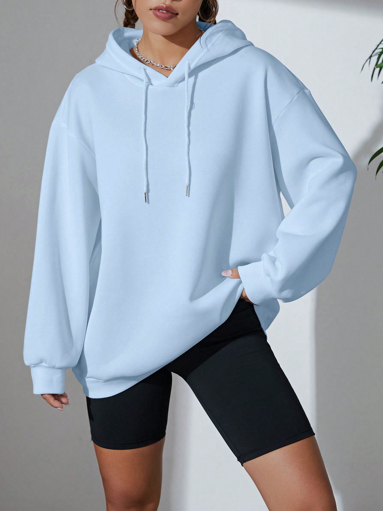 Solid Drawstring Drop Shoulder Hoodie