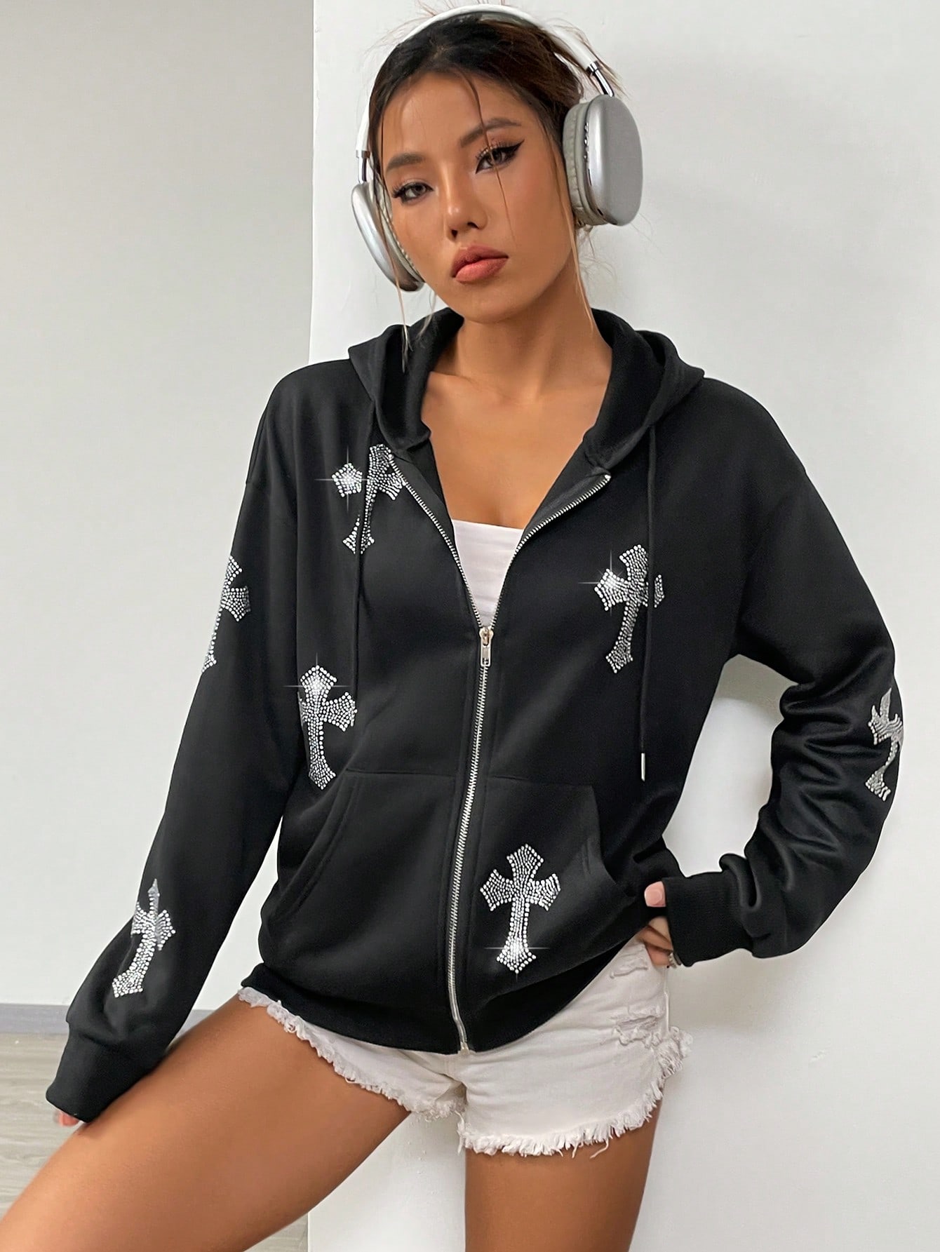 Coolane Rhinestone Decor Drop Shoulder Drawstring Zipper Thermal Lined Hoodie