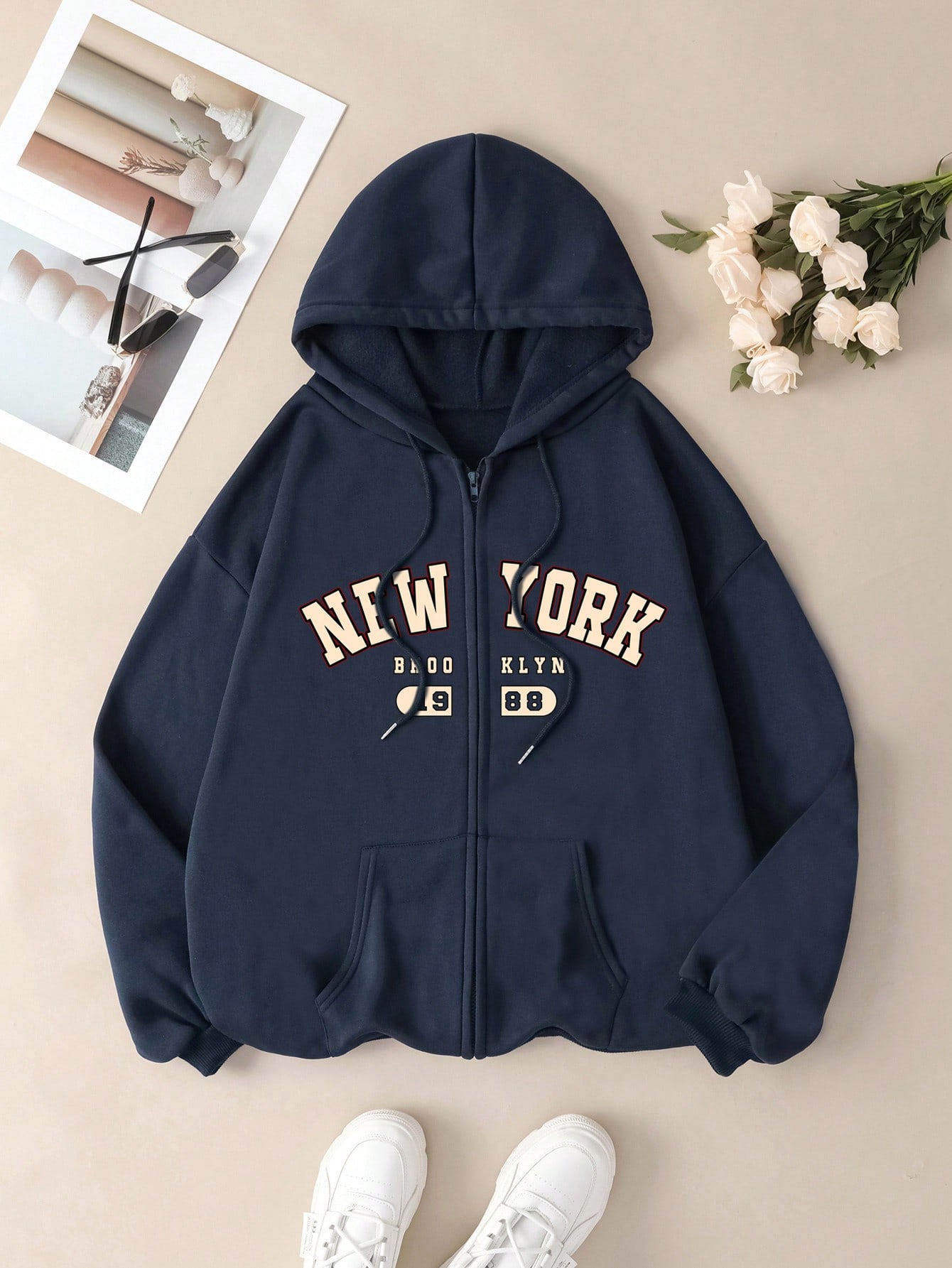 Loose Fit Letter Printed Hooded Drawstring Pullover Sweater With Dropped Shoulder Design