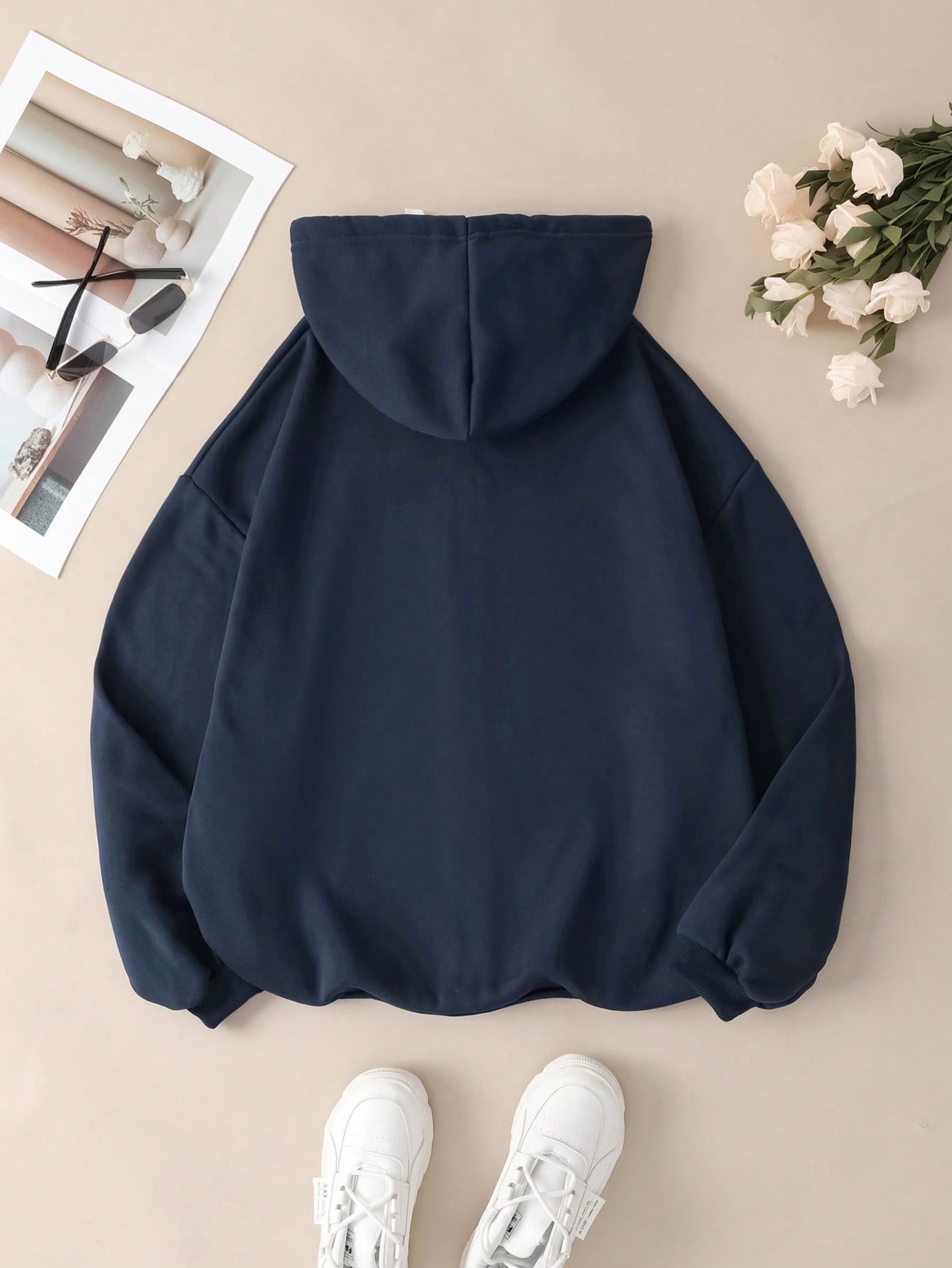 Loose Fit Letter Printed Hooded Drawstring Pullover Sweater With Dropped Shoulder Design