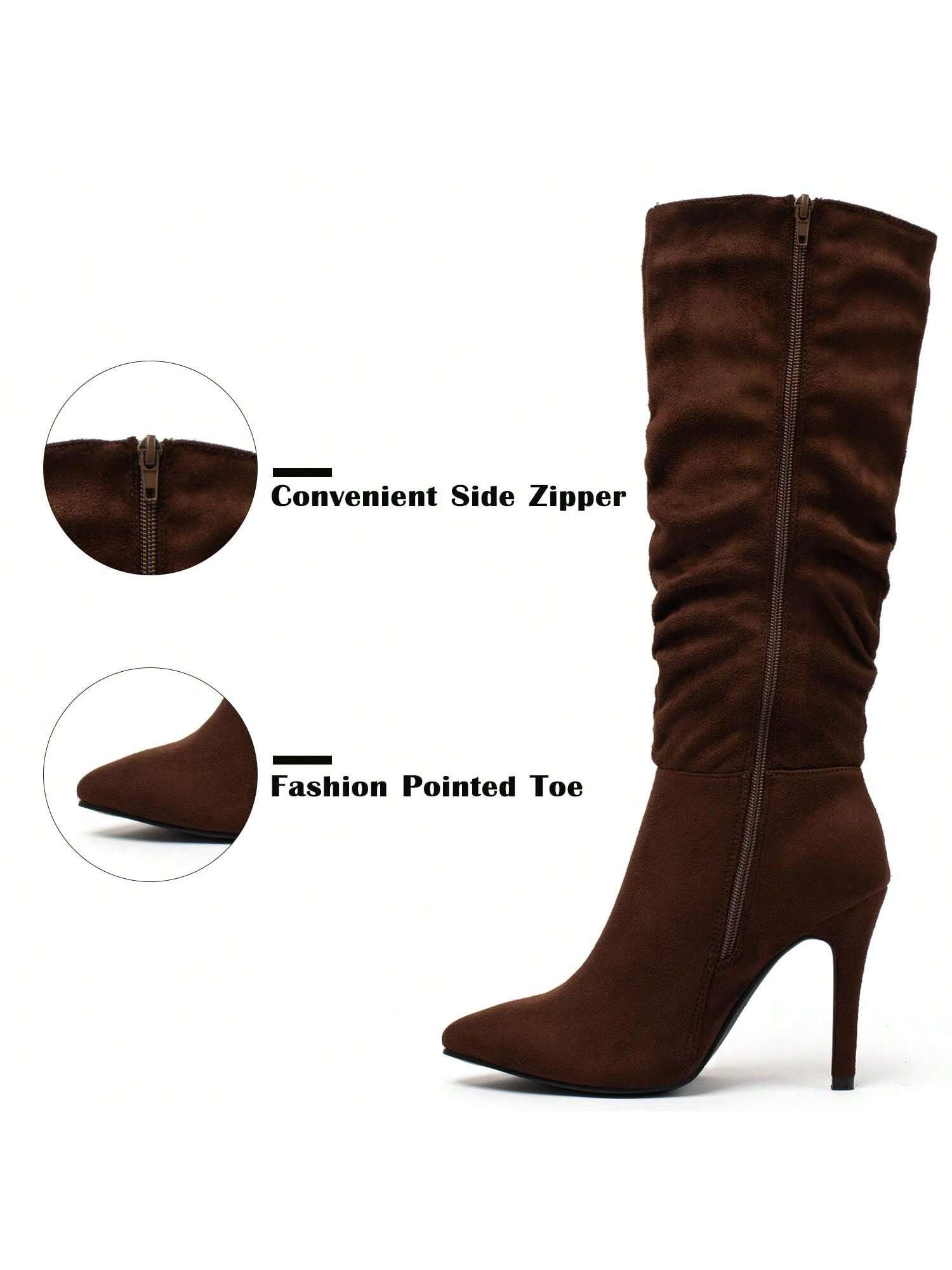 Women Suede Knee High Boots Pointed Toe Stiletto Boot Slouchy Zipper High Heel Boots Valentine's Day