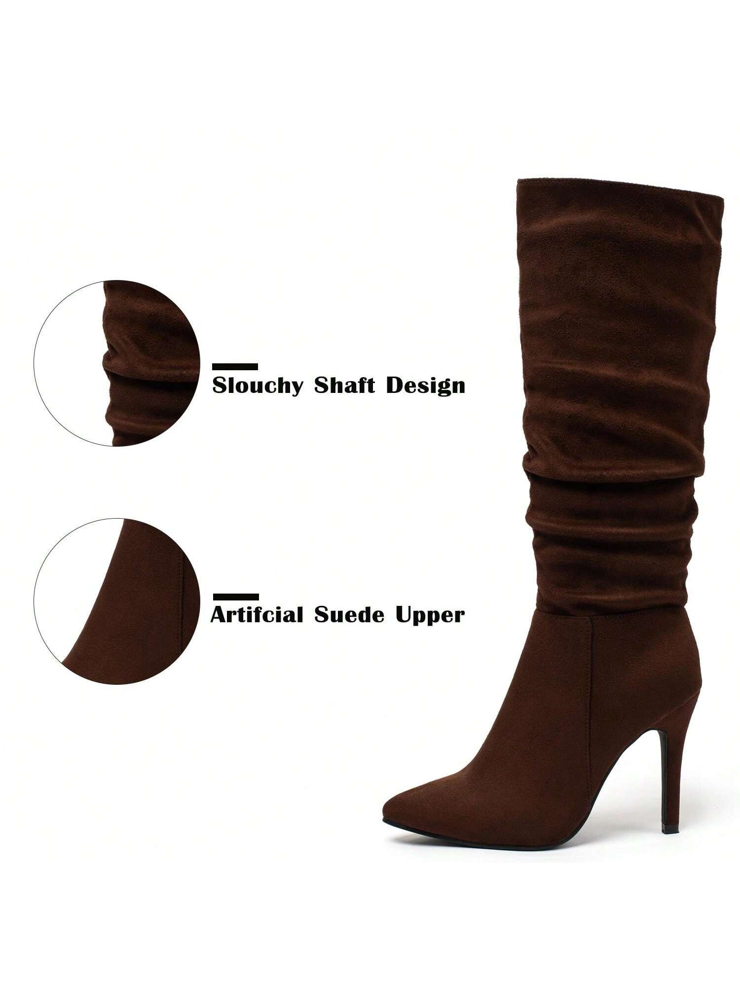 Women Suede Knee High Boots Pointed Toe Stiletto Boot Slouchy Zipper High Heel Boots Valentine's Day