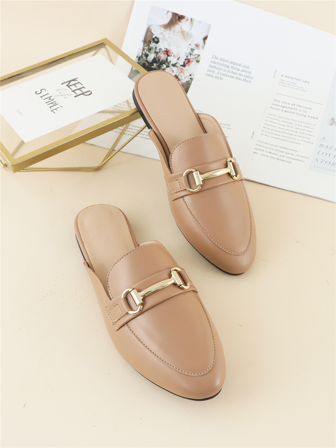 Metal Decor Flat Mules, Elegant Apricot-colored Solid Color Mule High Heels, Made Of Pure Metal