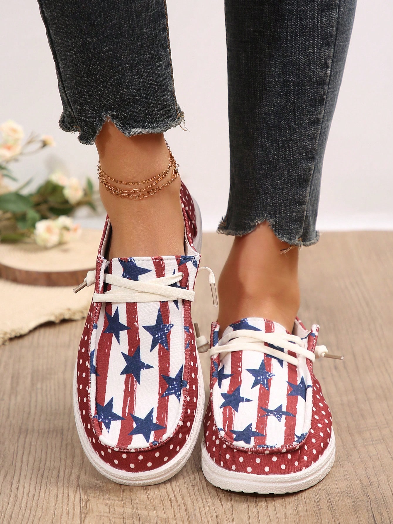 Women's Casual Flag Printed Canvas Loafers, Comfortable Flat Bottom Sneakers For Independence Day Themed Outfits