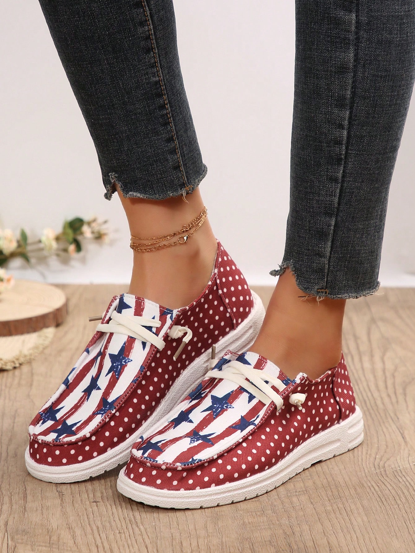 Women's Casual Flag Printed Canvas Loafers, Comfortable Flat Bottom Sneakers For Independence Day Themed Outfits