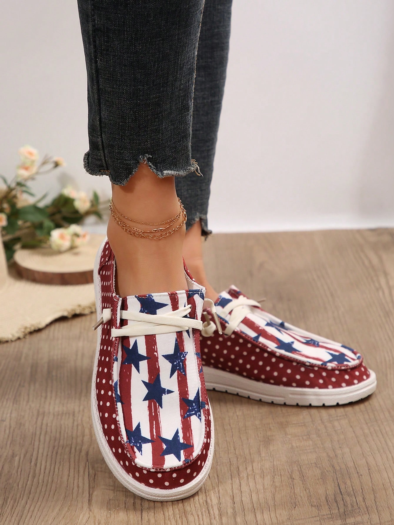 Women's Casual Flag Printed Canvas Loafers, Comfortable Flat Bottom Sneakers For Independence Day Themed Outfits