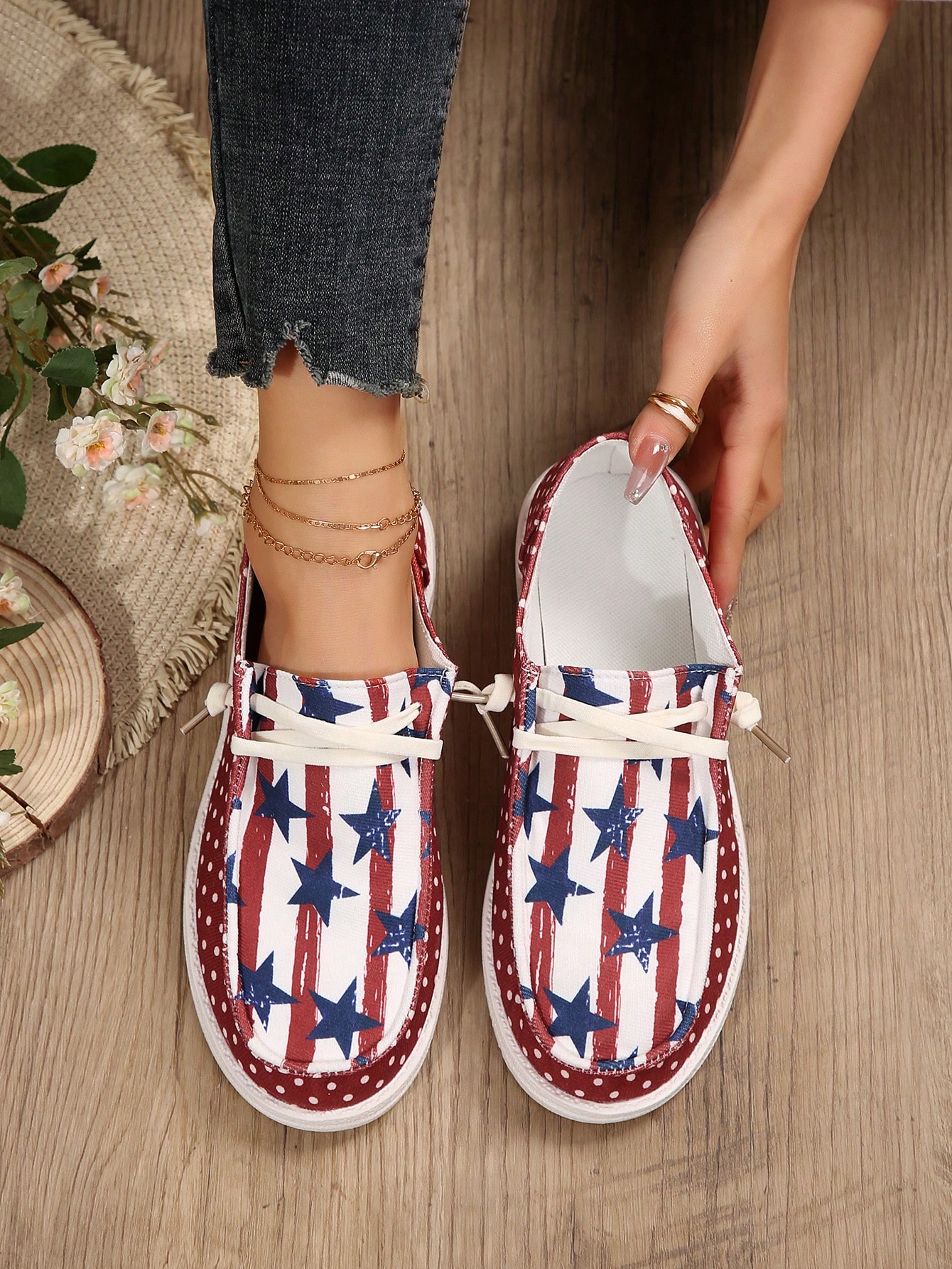 Women's Casual Flag Printed Canvas Loafers, Comfortable Flat Bottom Sneakers For Independence Day Themed Outfits