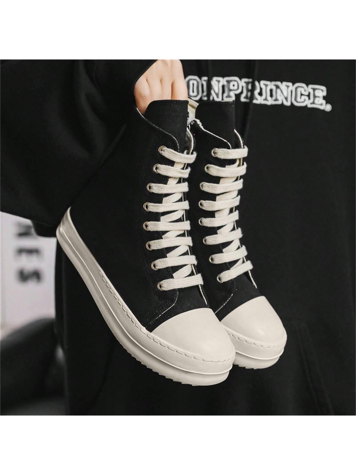 Women's High Top Canvas Boots With Thick Sole, Street Style Lace-Up Black And White Board Shoes, Trendy And Versatile Casual Cou