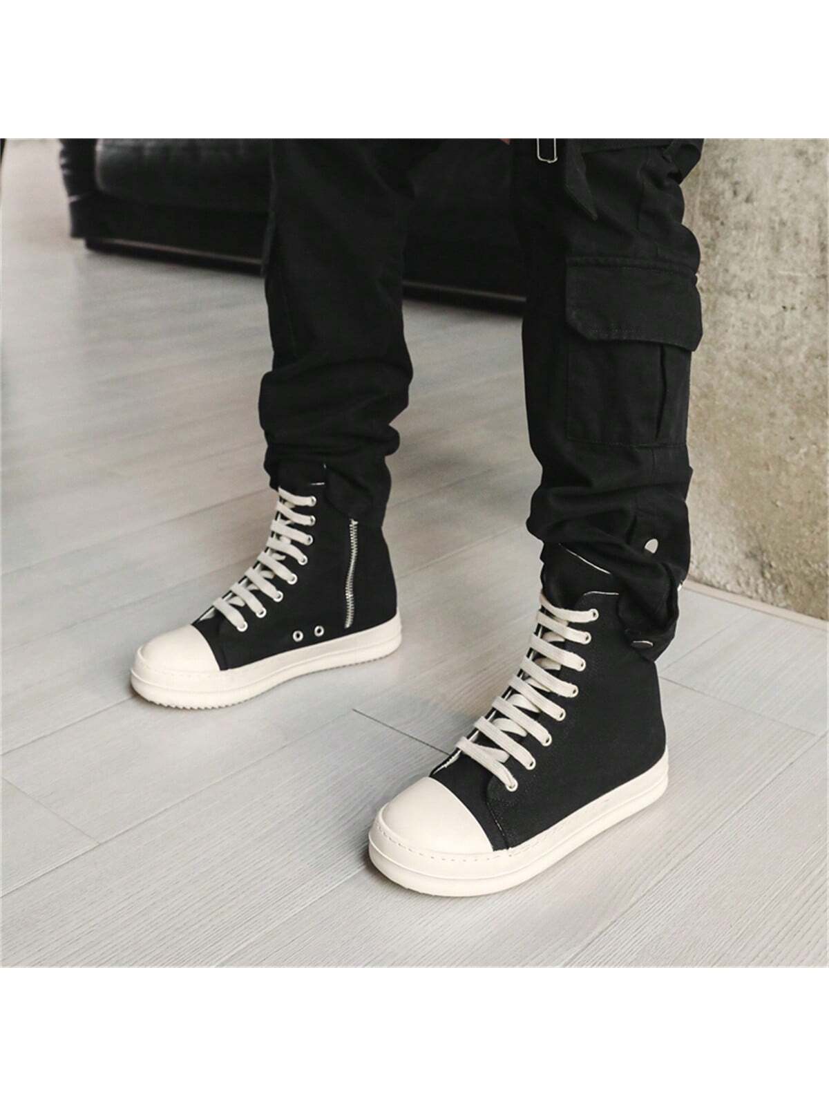 Women's High Top Canvas Boots With Thick Sole, Street Style Lace-Up Black And White Board Shoes, Trendy And Versatile Casual Cou