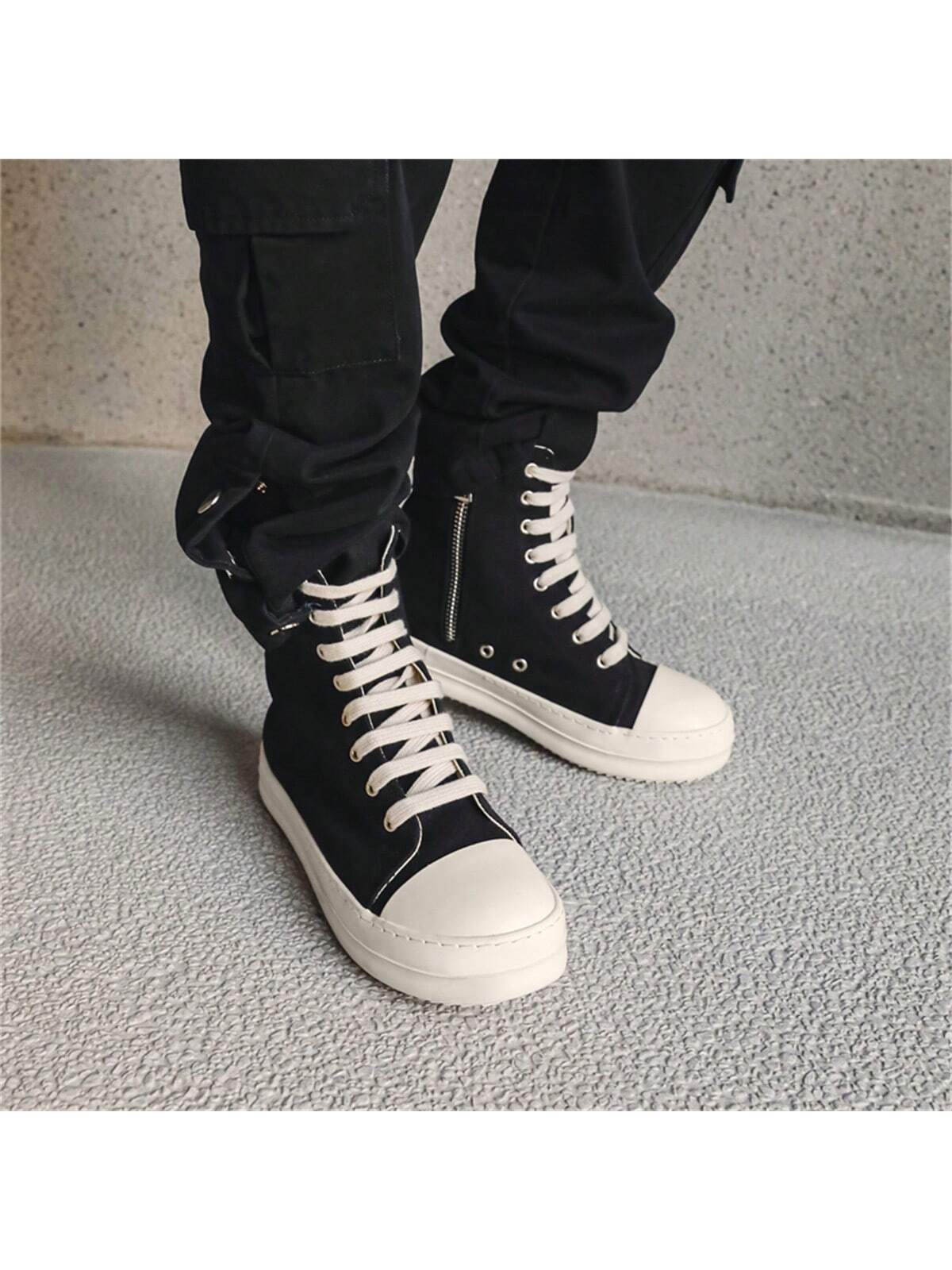 Women's High Top Canvas Boots With Thick Sole, Street Style Lace-Up Black And White Board Shoes, Trendy And Versatile Casual Cou