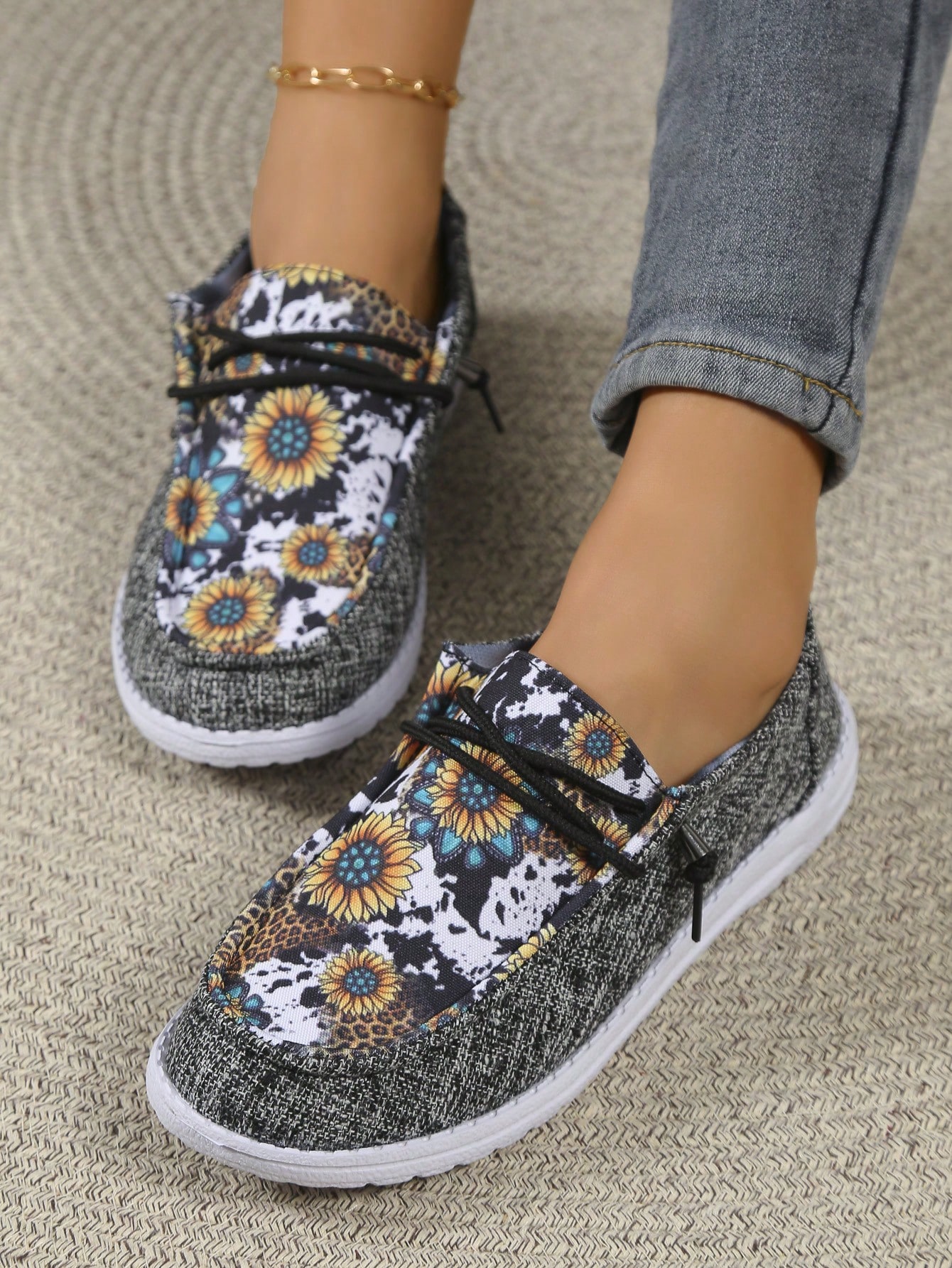 Women's Fashionable Floral Pattern Lace-up Low Top Jean Casual Sports Shoes