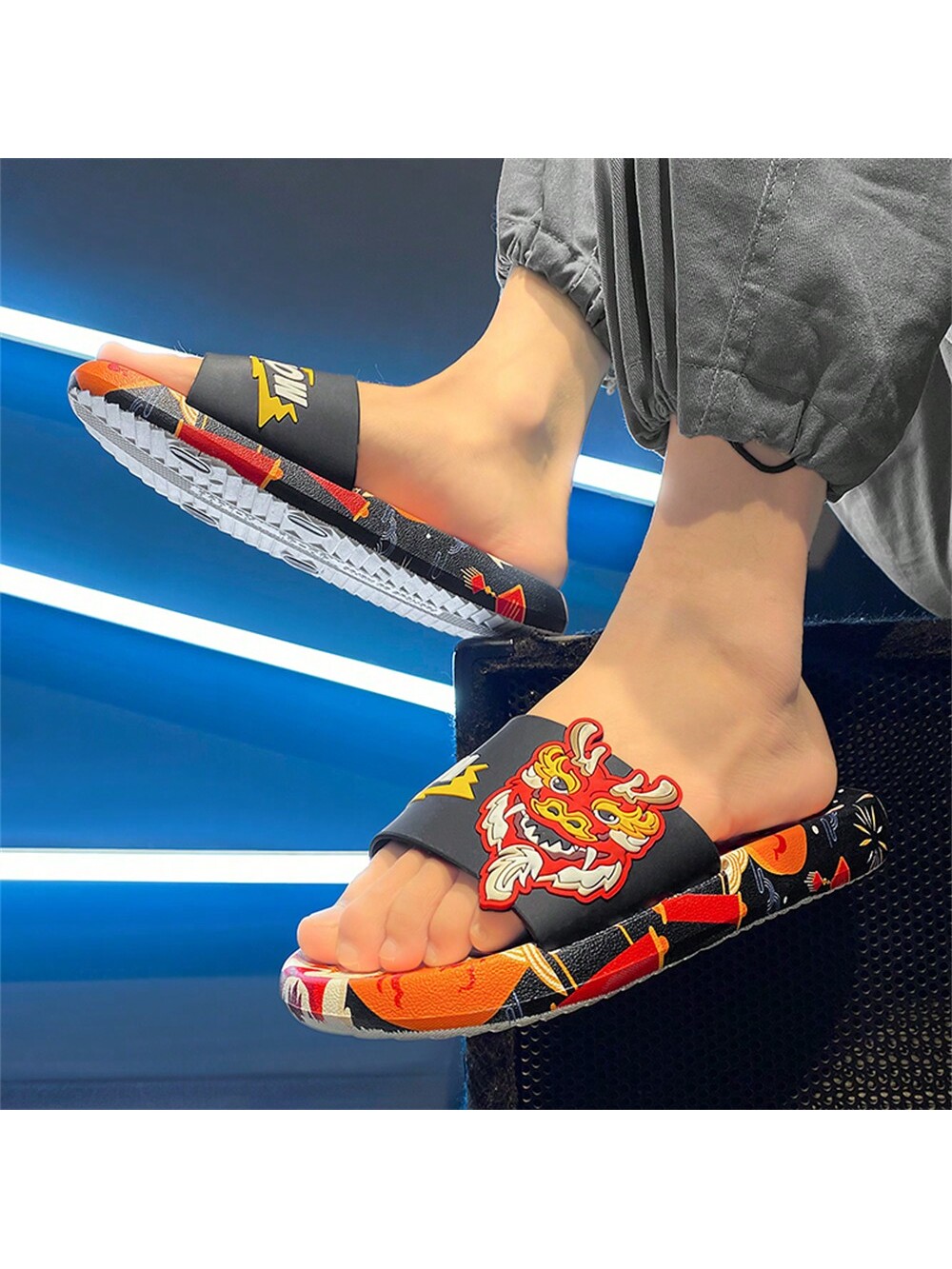 Men's Plus Size Dragon Year Auspiciousness Light-Weight Breathable Slippers With Non-Slip Soles, Ideal For Outdoor, Beach, Indoo