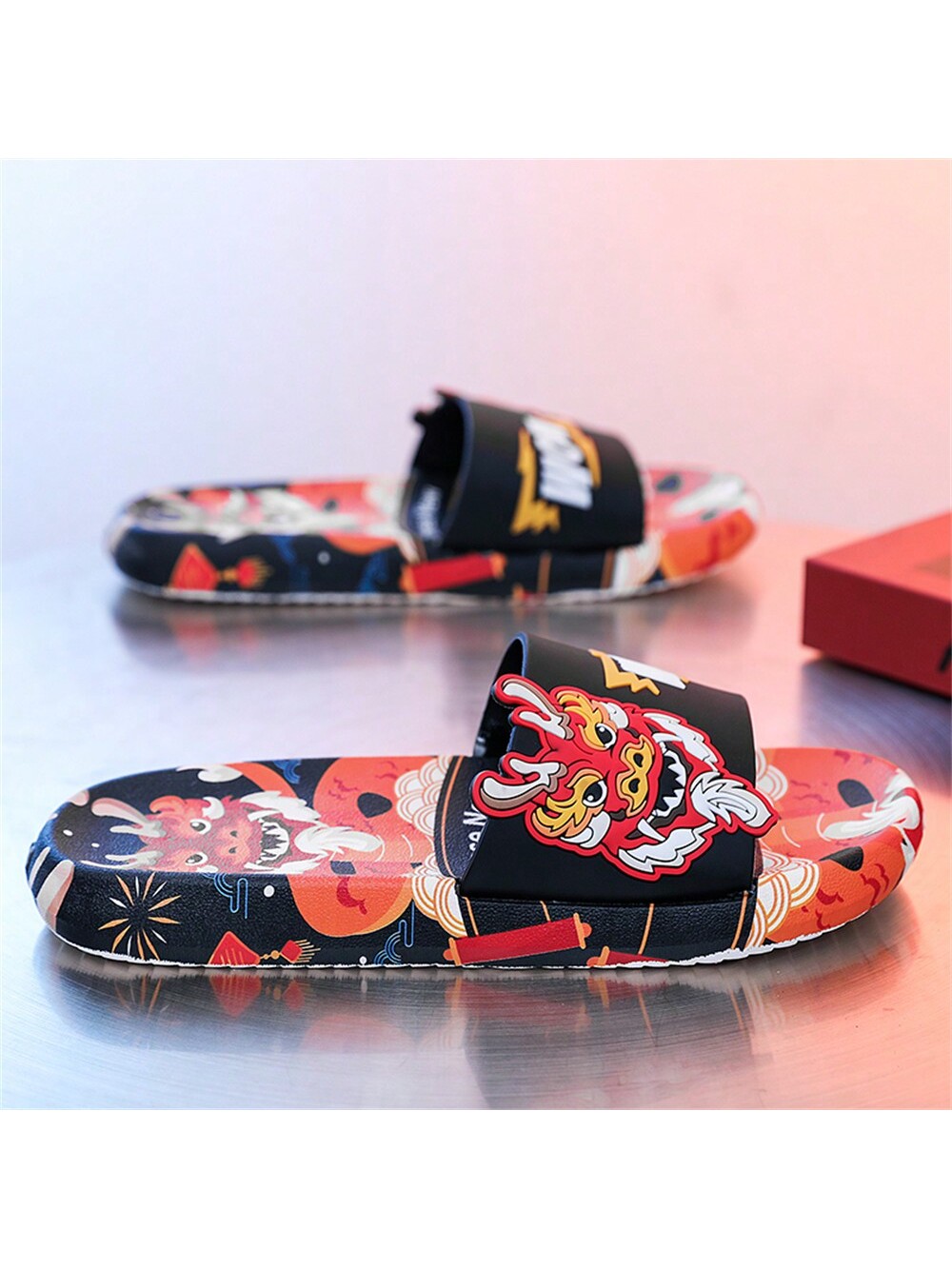 Men's Plus Size Dragon Year Auspiciousness Light-Weight Breathable Slippers With Non-Slip Soles, Ideal For Outdoor, Beach, Indoo