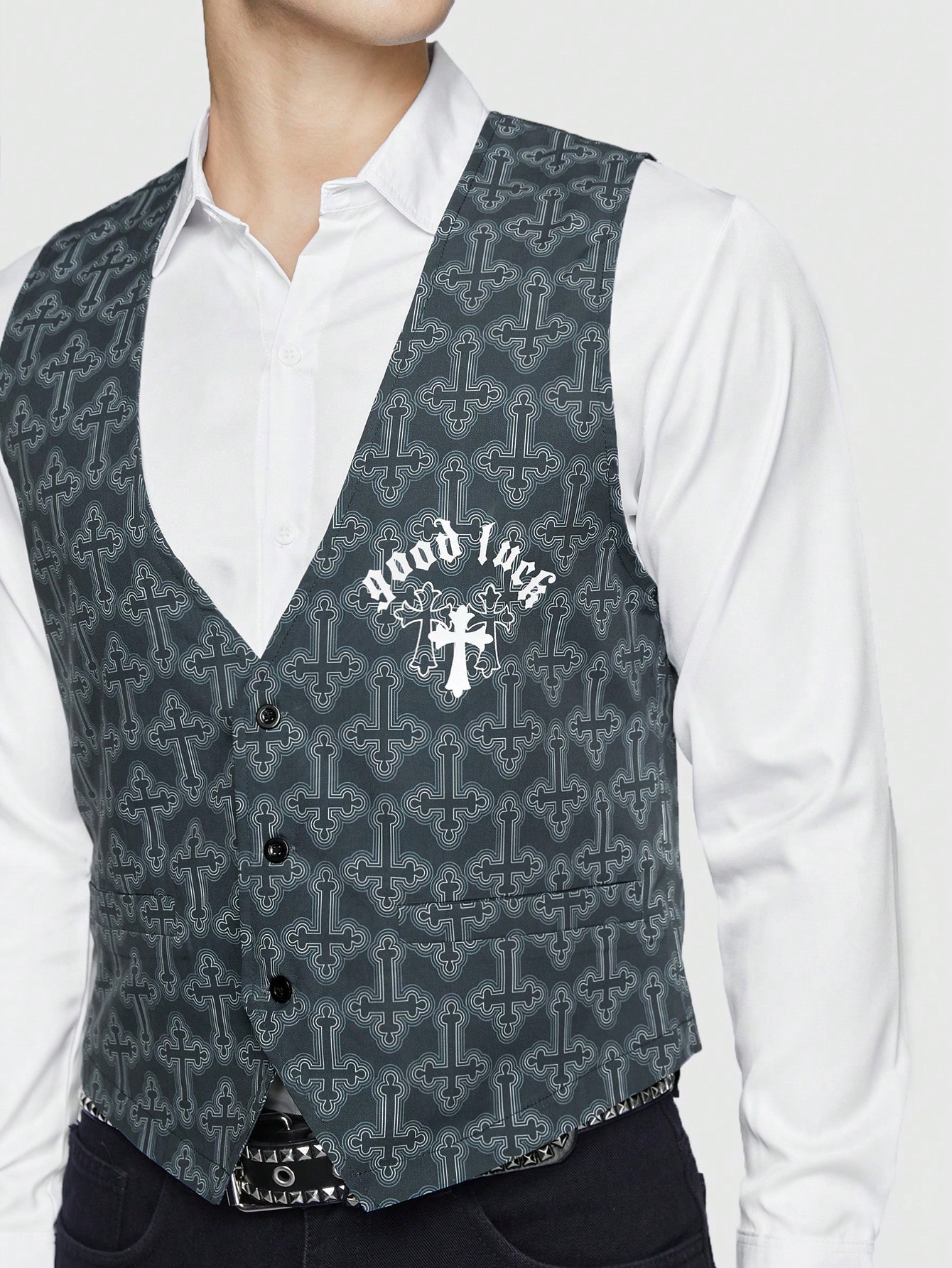 ROMWE Goth Guys Geo Print Button Front Vest Without Shirt