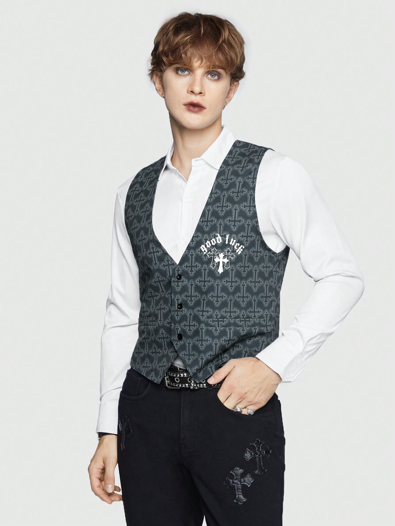 ROMWE Goth Guys Geo Print Button Front Vest Without Shirt