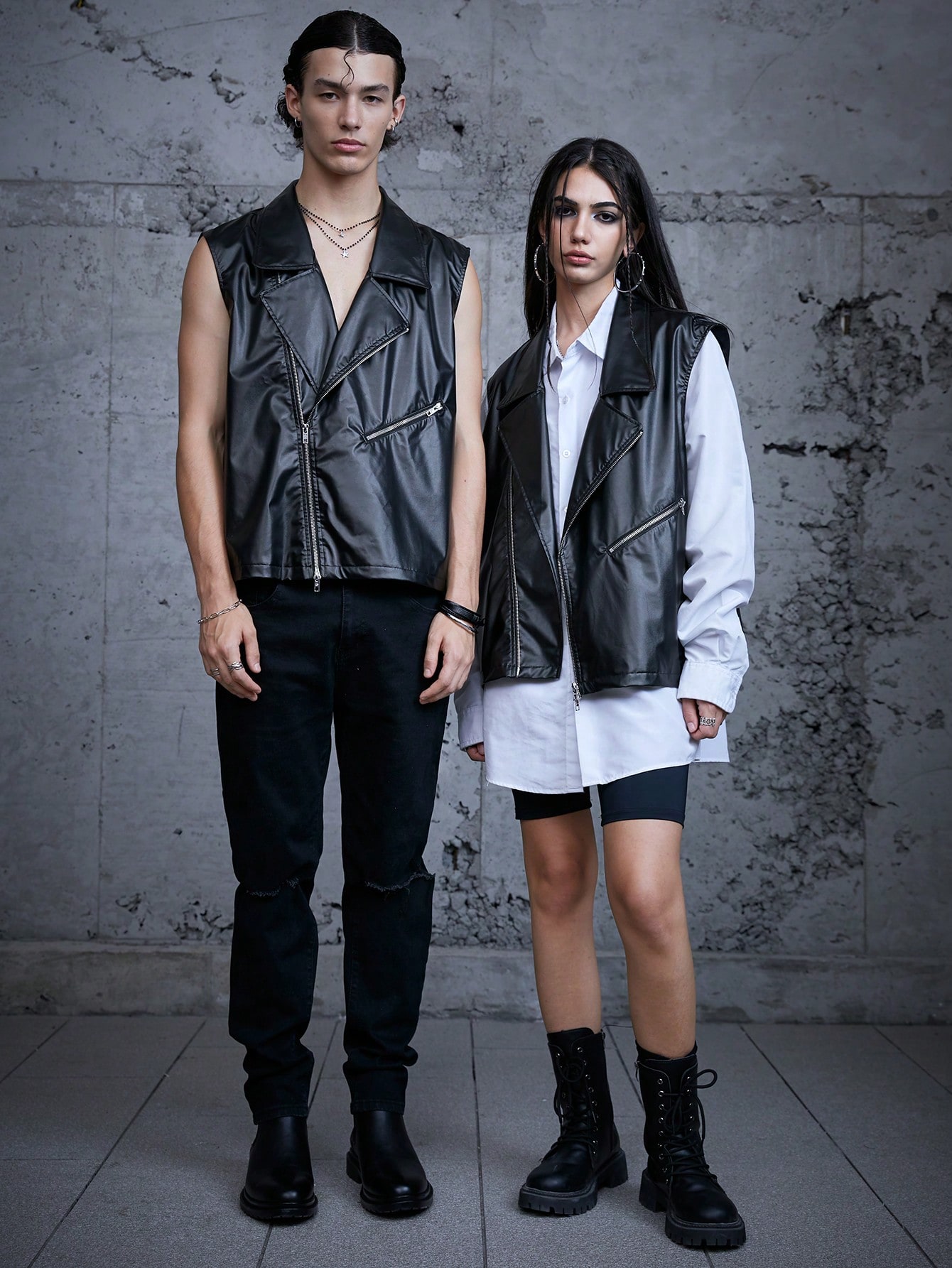 Manfinity Unisex 1pc Loose Fit Zip Up Pu Leather Sleeveless Jacket