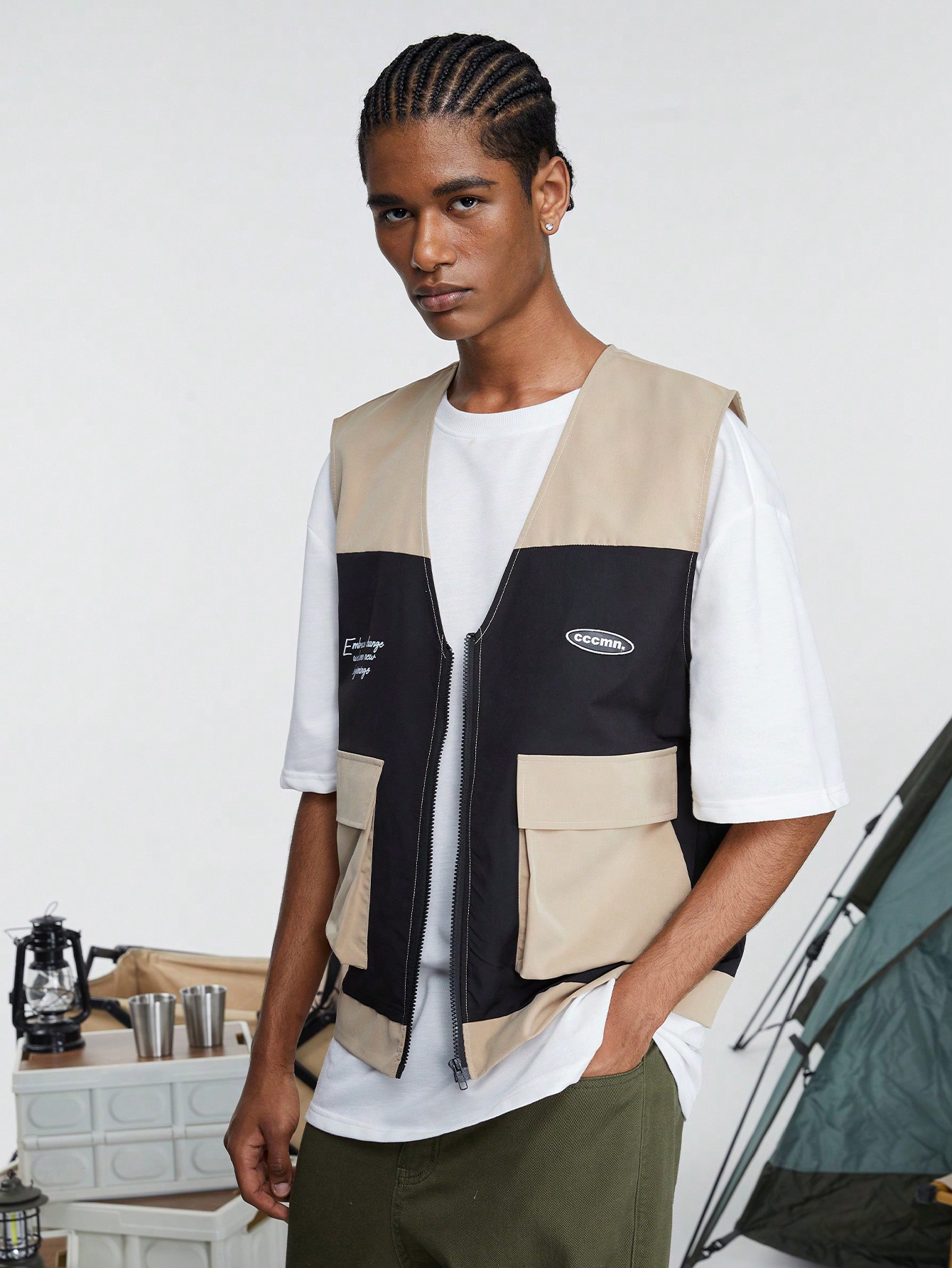 ROMWE Street Life Men's Color Block Multi-pocket Cargo Vest Jacket