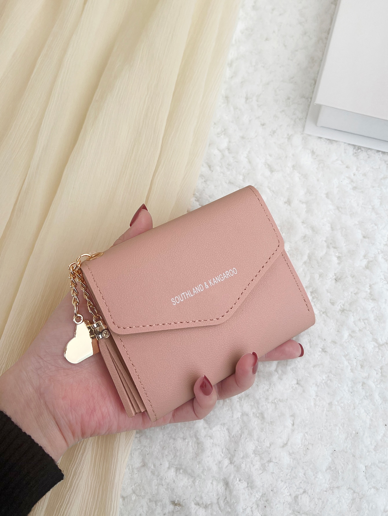 1pc Light Pink Hardware Pendant Tassel Decorative Pu Leather Portable Three-Fold Wallet With Various Card Slots Photo Slots And 