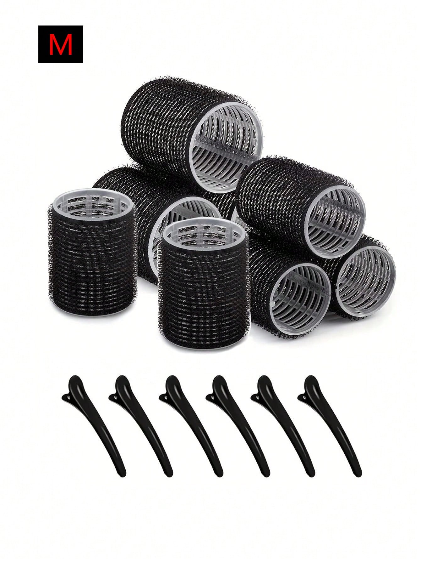 Medium-sized Black Self-grip Hair Rollers 6pcs Set, Non-heat Curlers With 6 Hair Clips For Diy Hair Styling