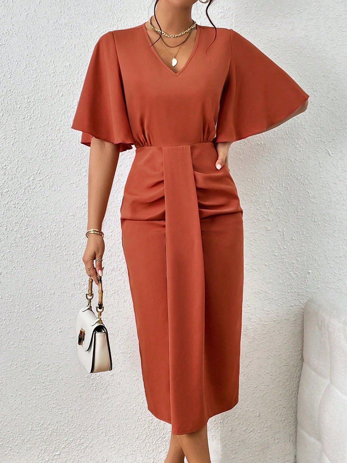 Butterfly Sleeve Ruched Front Dress