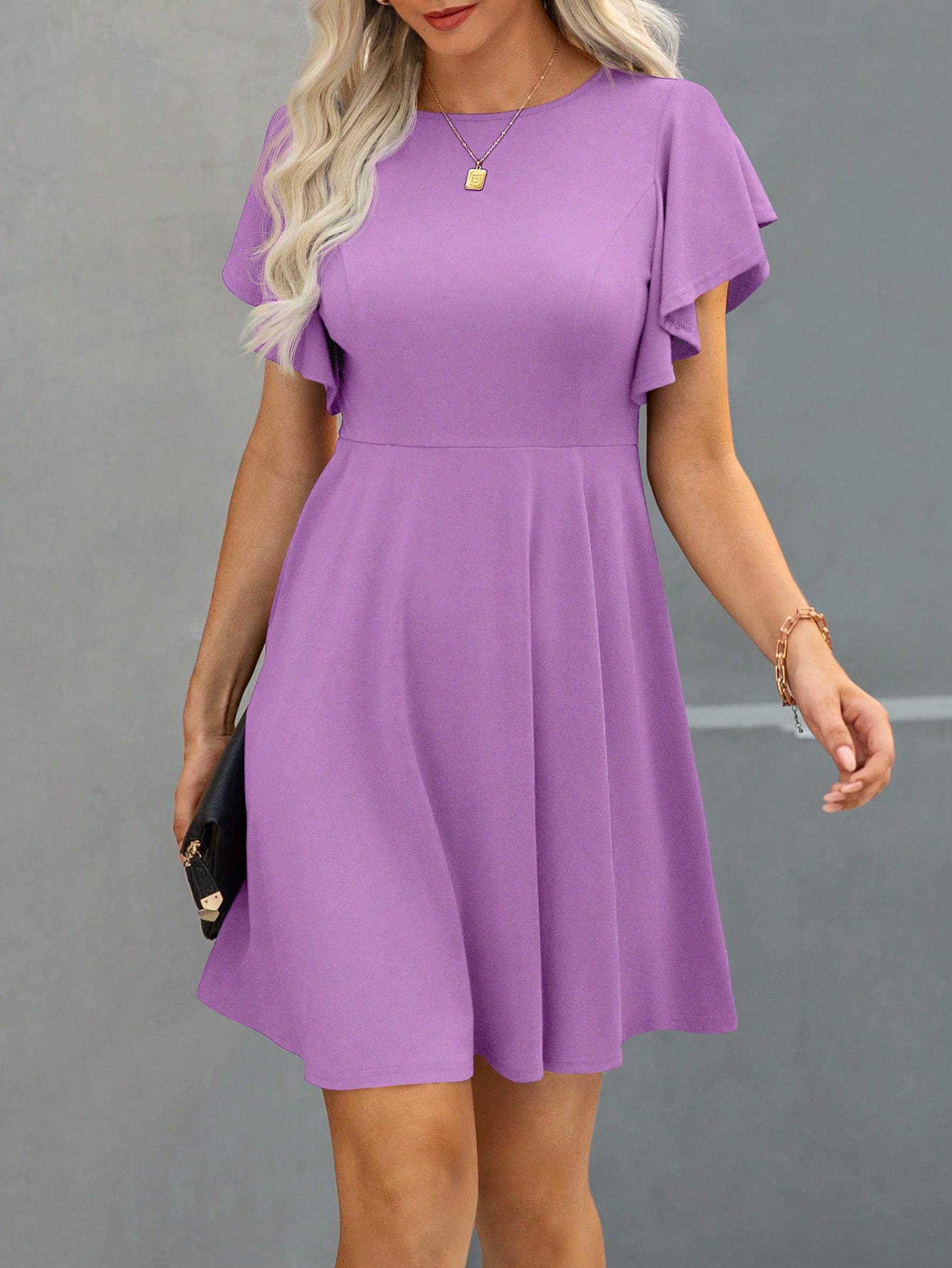 Ladies' Solid Color Round Neck Short Sleeve Dress