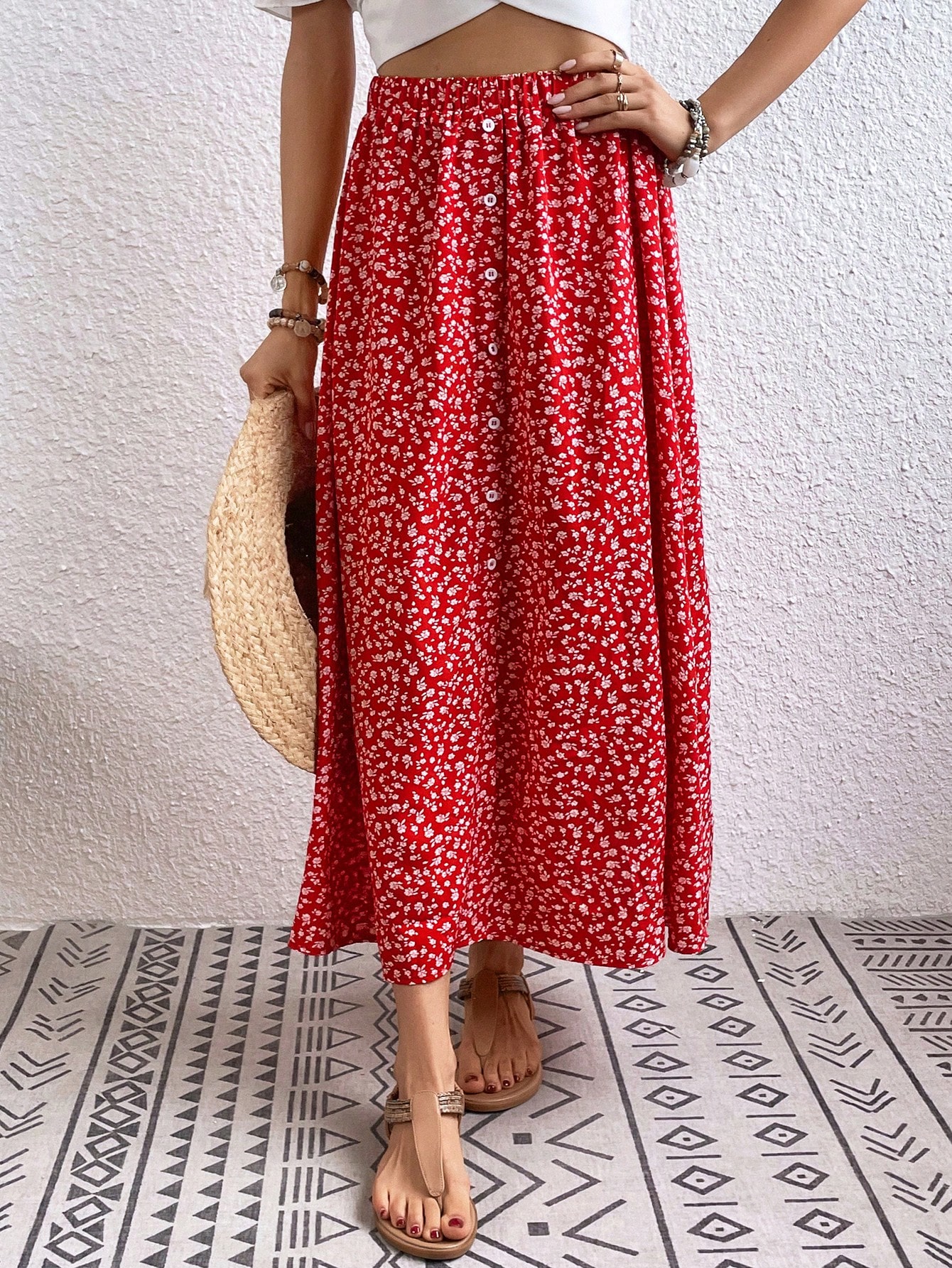 Ditsy Floral Print Button Front Skirt