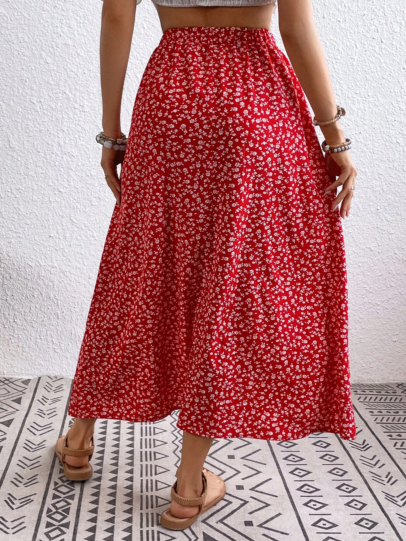 Ditsy Floral Print Button Front Skirt