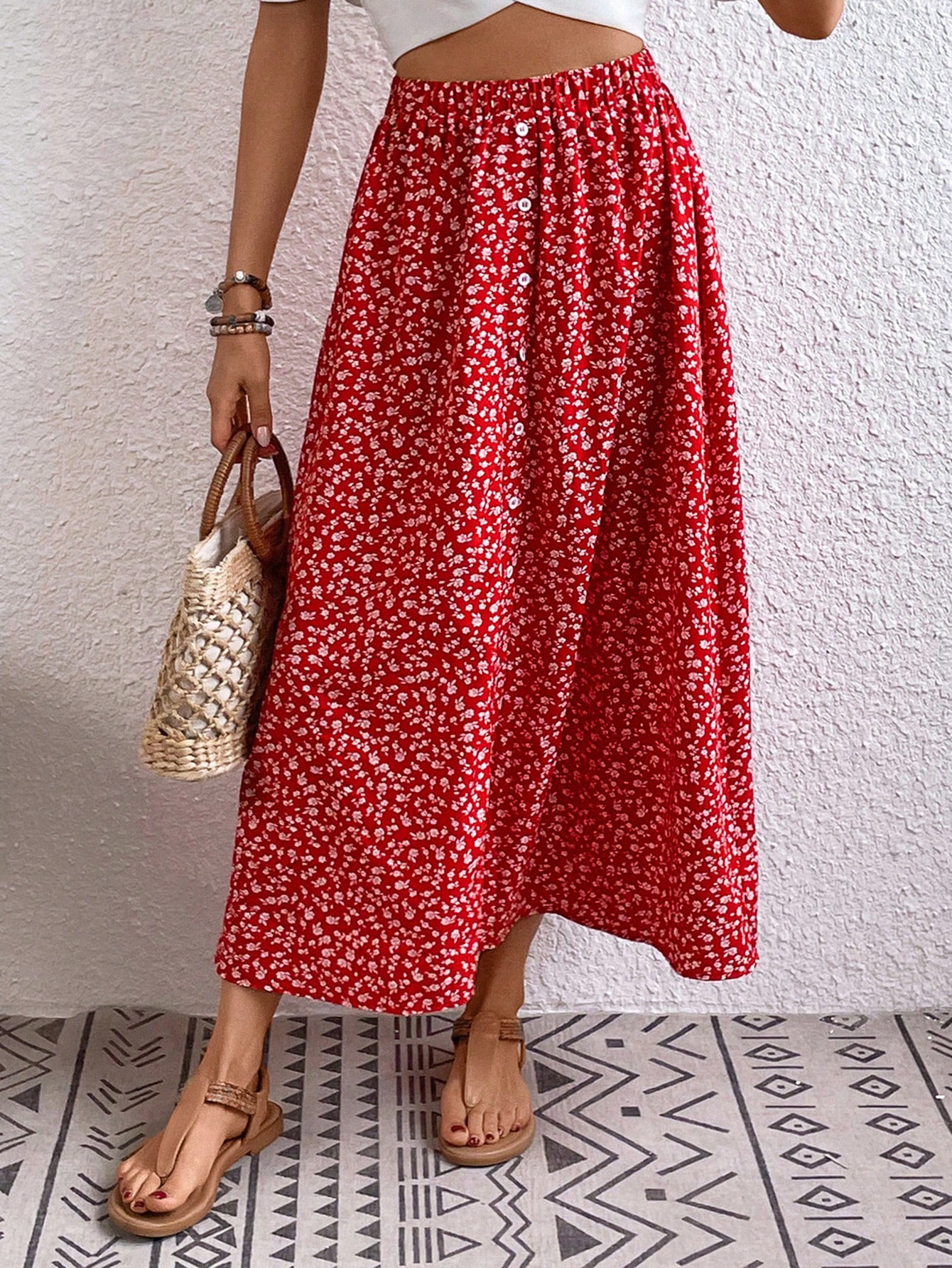 Ditsy Floral Print Button Front Skirt